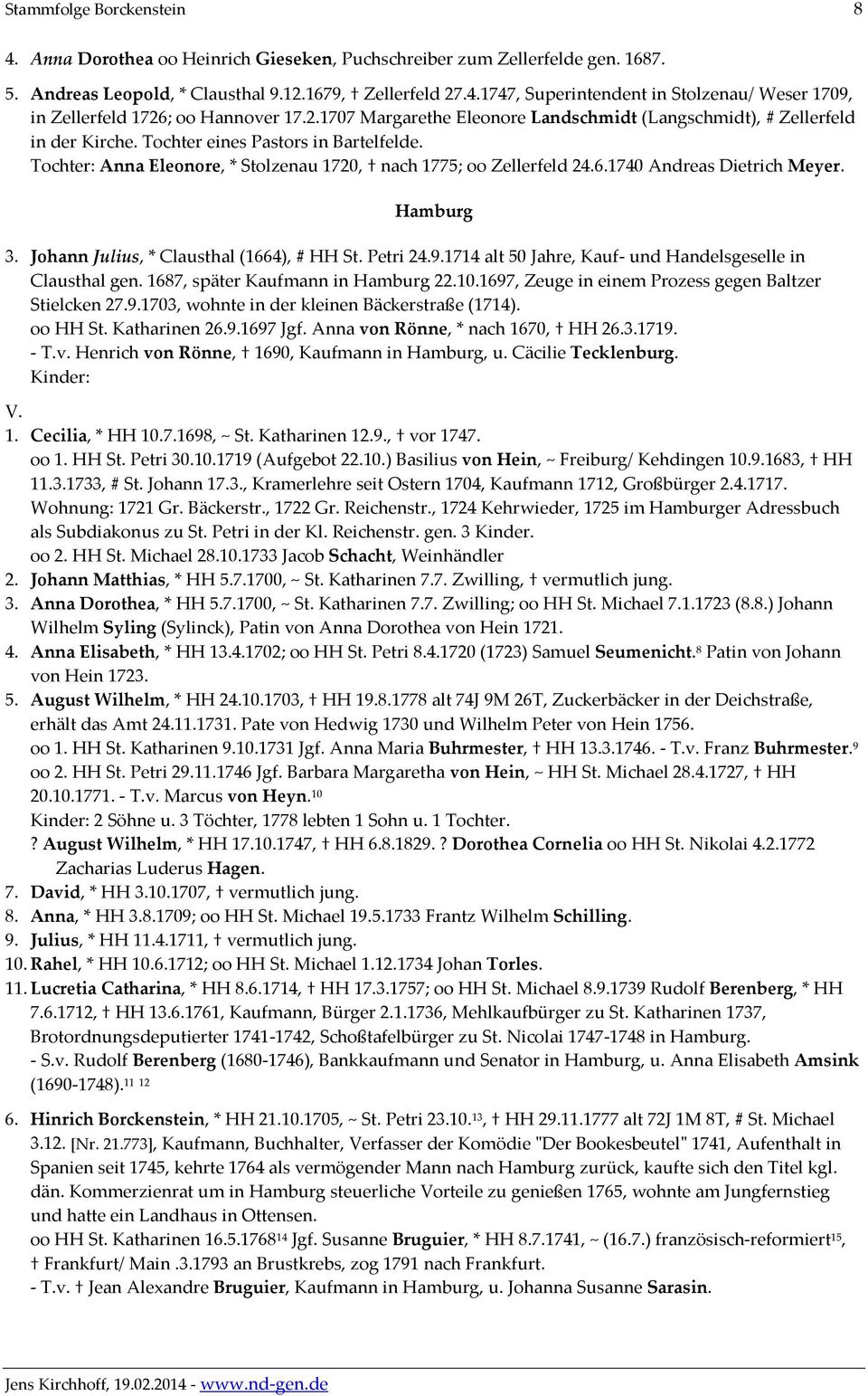 1740 Andreas Dietrich Meyer. Hamburg 3. Johann Julius, * Clausthal (1664), # HH St. Petri 24.9.1714 alt 50 Jahre, Kauf- und Handelsgeselle in Clausthal gen. 1687, später Kaufmann in Hamburg 22.10.