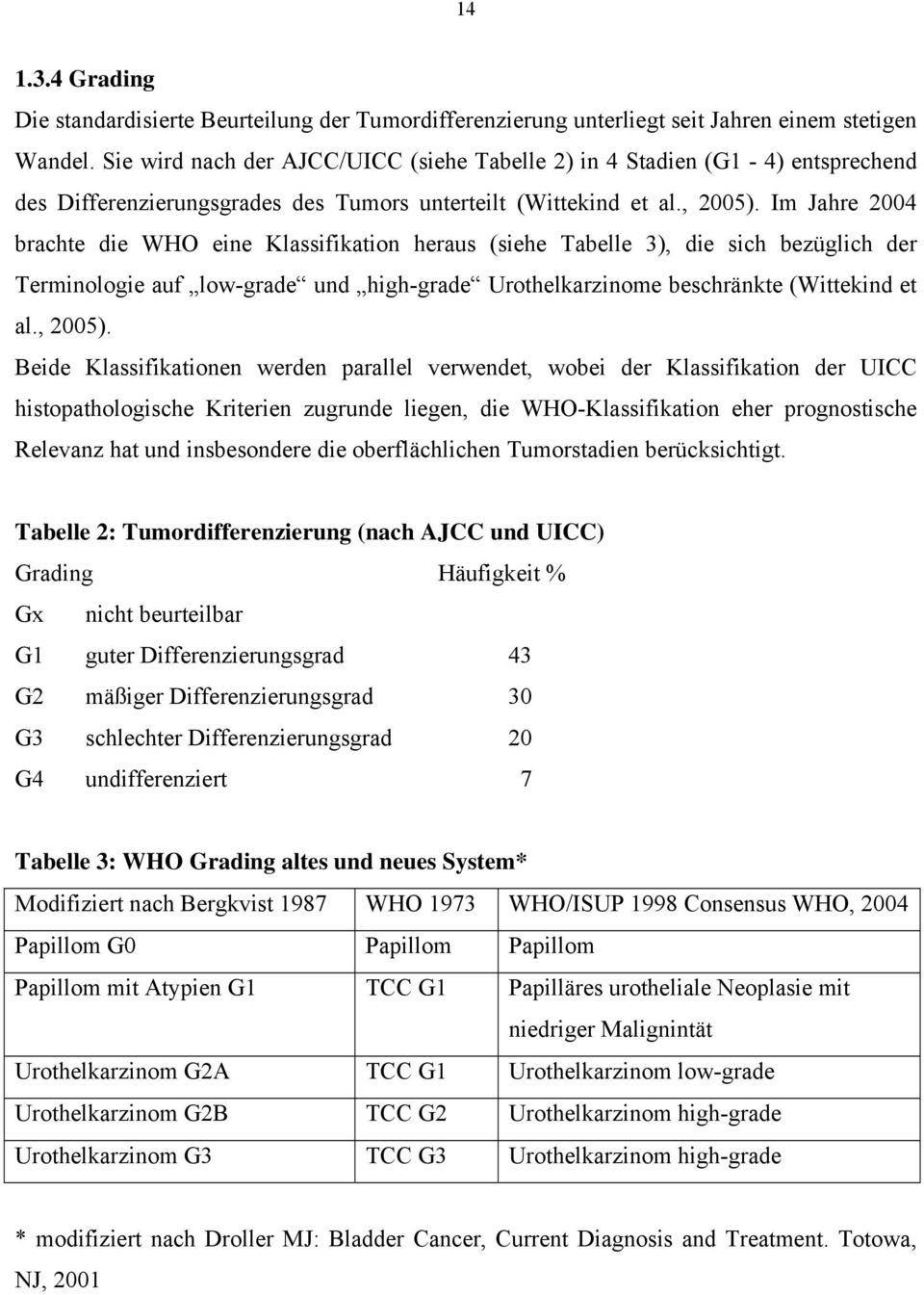 Im Jahre 2004 brachte die WHO eine Klassifikation heraus (siehe Tabelle 3), die sich bezüglich der Terminologie auf lowgrade und highgrade Urothelkarzinome beschränkte (Wittekind et al., 2005).