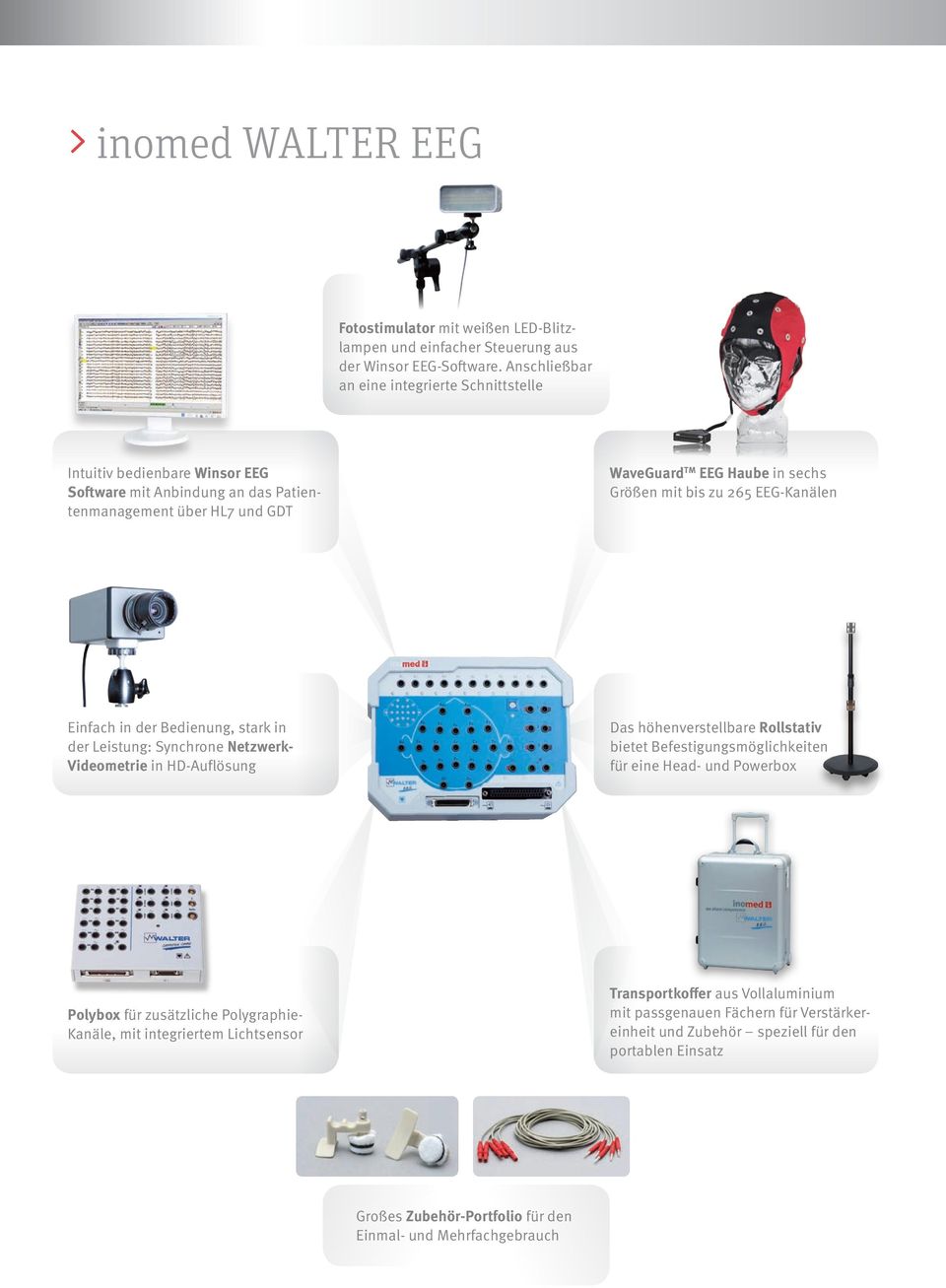 265 EEG-Kanälen Einfach in der Bedienung, stark in der Leistung: Synchrone Netzwerk- Videometrie in HD-Auflösung Das höhenverstellbare Rollstativ bietet Befestigungsmöglichkeiten für eine Head-