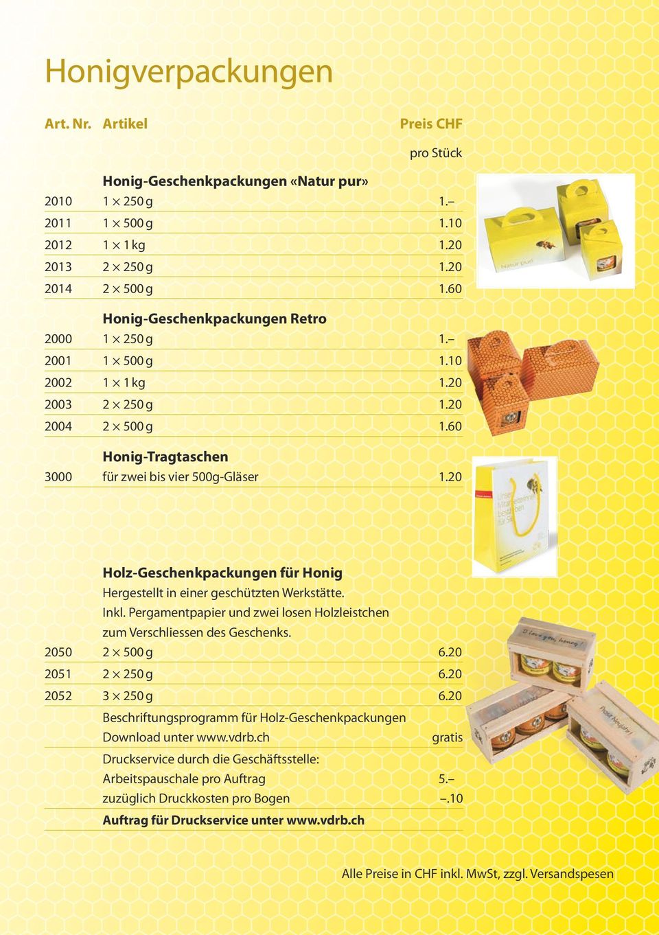 20 Holz-Geschenkpackungen für Honig Hergestellt in einer geschützten Werkstätte. Inkl. Pergamentpapier und zwei losen Holzleistchen zum Verschliessen des Geschenks. 2050 2 500 g 6.20 2051 2 250 g 6.