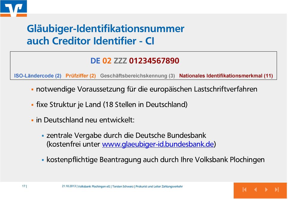 (3) Nationales Identifikationsmerkmal (11) zentrale Vergabe durch die Deutsche Bundesbank (kostenfrei unter www.glaeubiger-id.bundesbank.