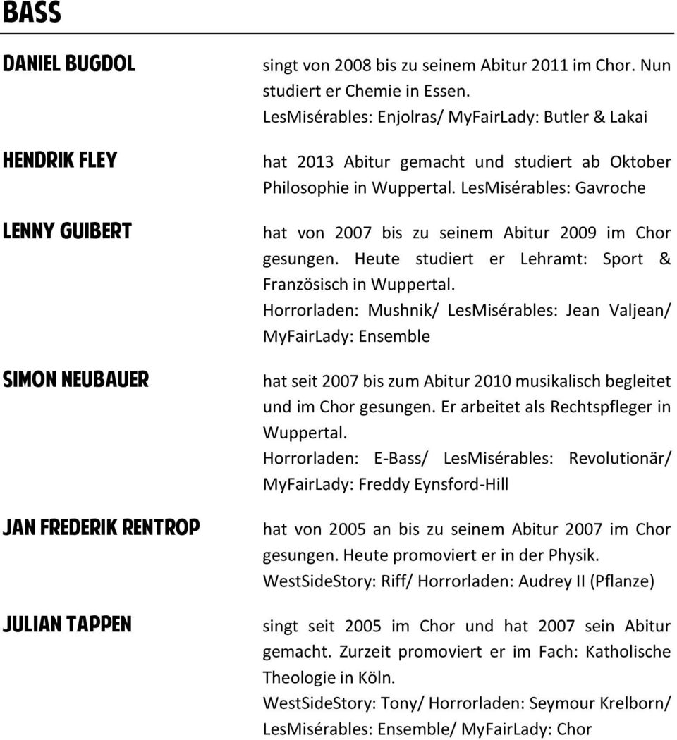 LesMisérables: Gavroche hat von 2007 bis zu seinem Abitur 2009 im Chor gesungen. Heute studiert er Lehramt: Sport & Französisch in Wuppertal.