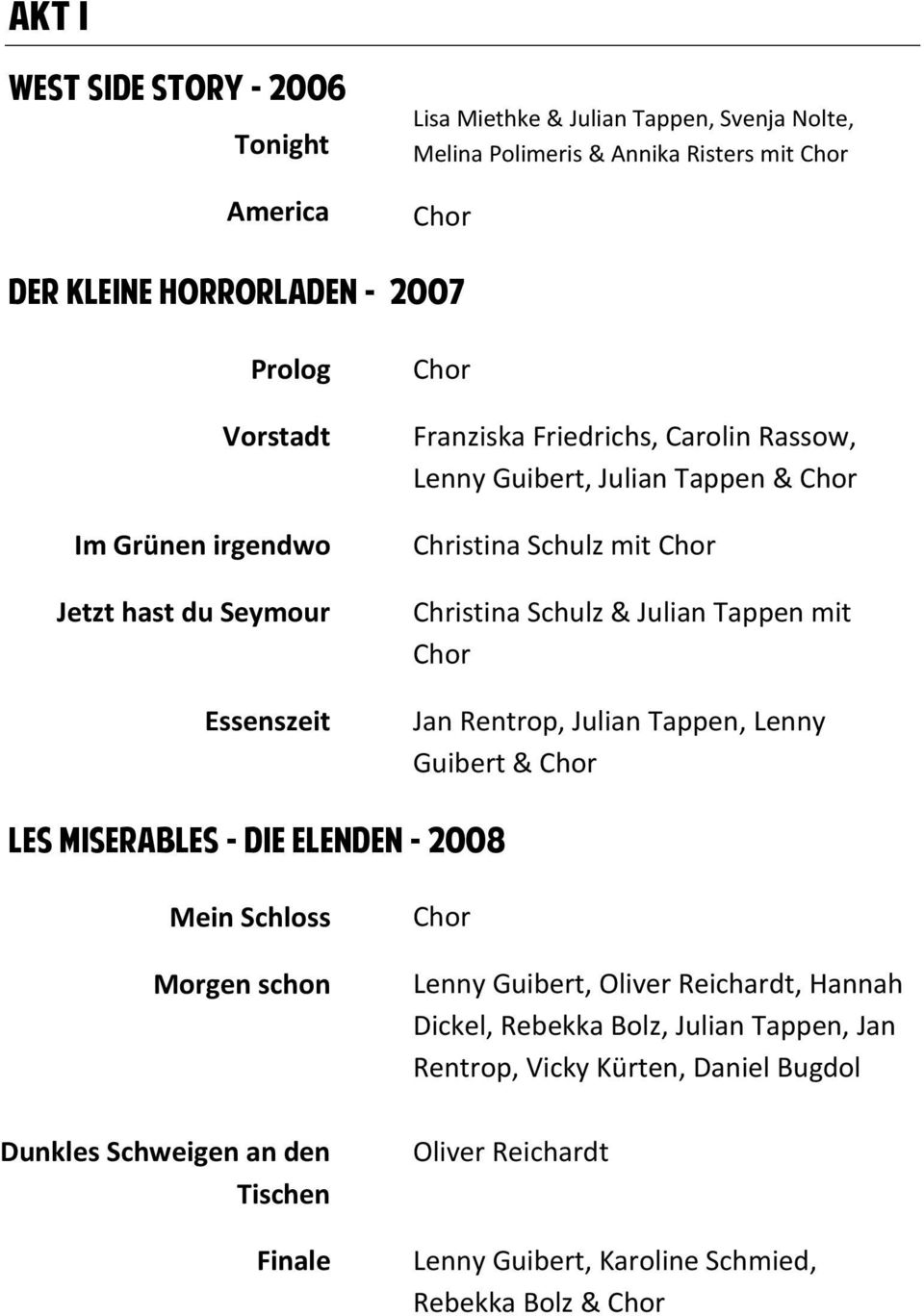 Schulz & Julian Tappen mit Chor Jan Rentrop, Julian Tappen, Lenny Guibert & Chor Les miserables - die Elenden - 2008 Mein Schloss Morgen schon Dunkles Schweigen an den Tischen