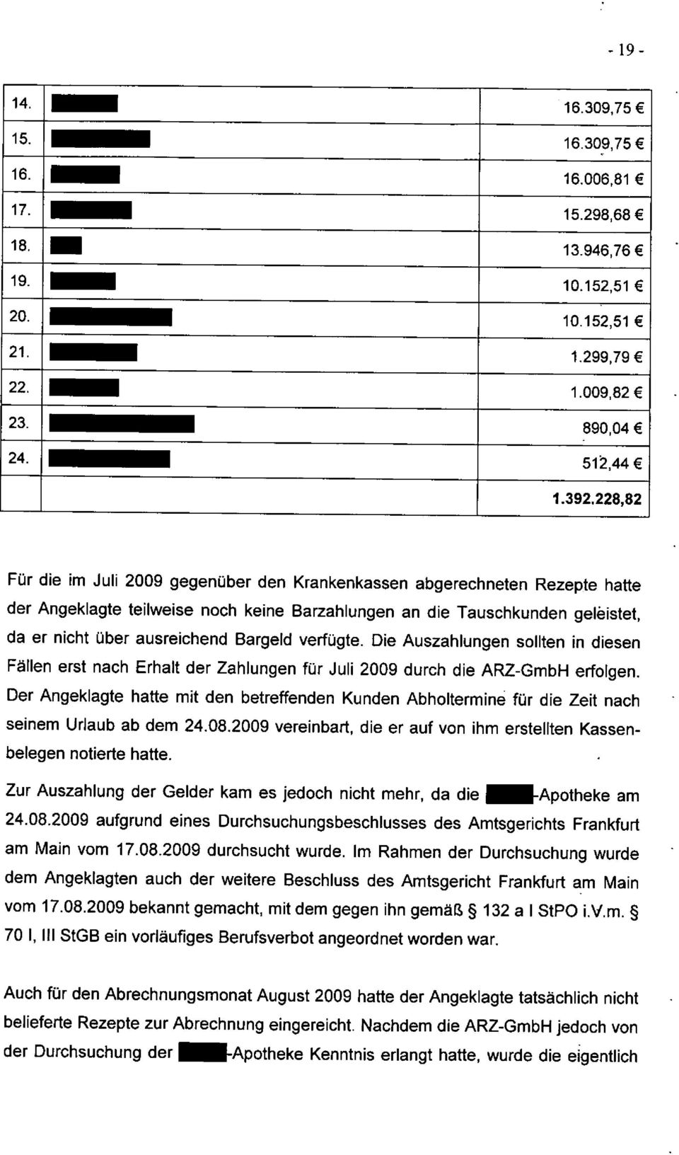 Bargeld erfügte. Die Auszahlungen sollten in diesen Fällen erst nach Erhalt der Zahlungen für Juli 2009 durch die ARZ-GmbH erfolgen.