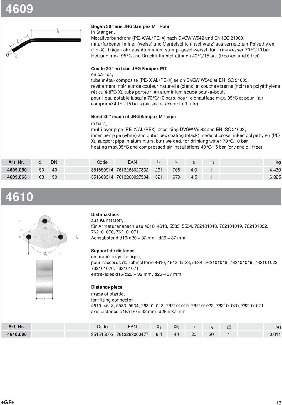 95 C und Druckluftinstallationen 40 C/15 bar (trocken und ölfrei) Coude 30 en tube JRG Sanipex MT en barres, tube métal-composite (PE-X/AL/PE-X) selon DVGW W542 et EN ISO 21003, revêtement intérieur