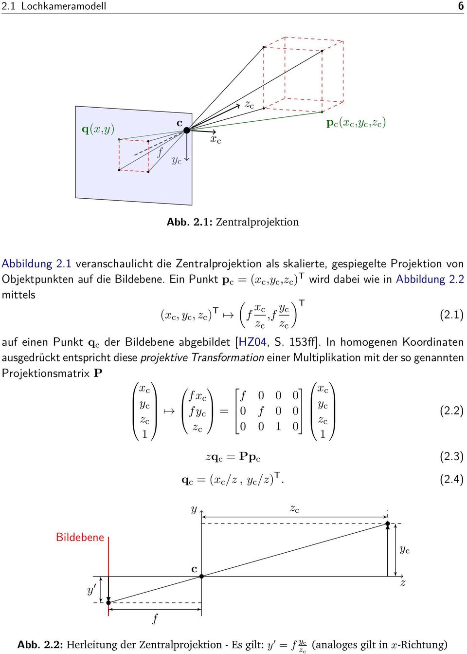 2 mittels ( (x c, y c, z c ) T f x c,f y ) T c (2.1) z c z c auf einen Punkt q c der Bildebene abgebildet [HZ04, S. 153ff].