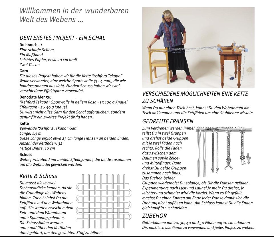 verwendet, eine weiche Sportswolle (3-4 mm), die wie handgesponnen aussieht. Für den Schuss haben wir zwei verschiedene Effektgarne verwendet.