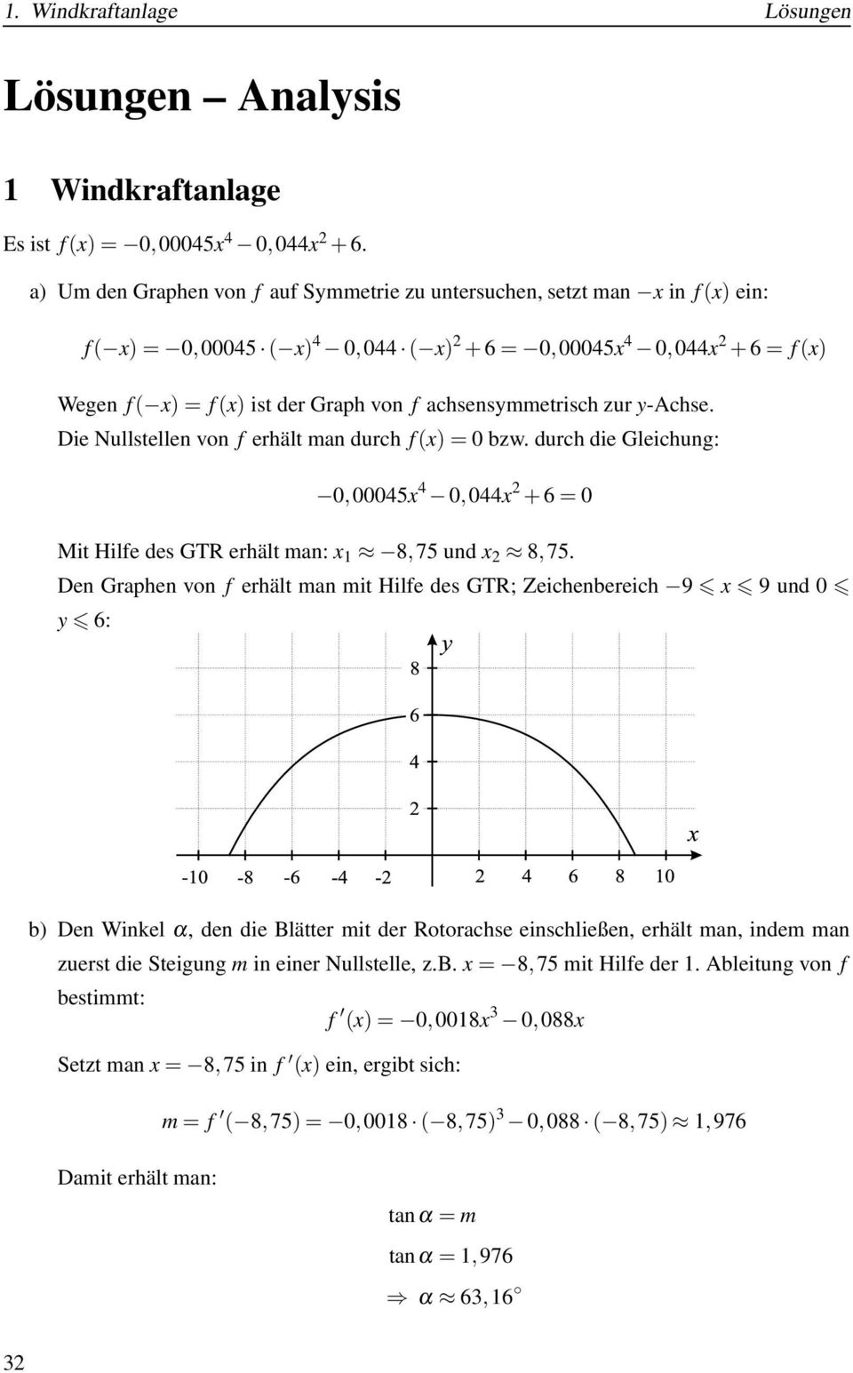 achsensymmetrisch zur y-achse. Die Nullstellen von f erhält man durch f (x) = 0 bzw. durch die Gleichung: 0,00045x 4 0,044x 2 + 6 = 0 Mit Hilfe des GTR erhält man: x 1 8,75 und x 2 8,75.