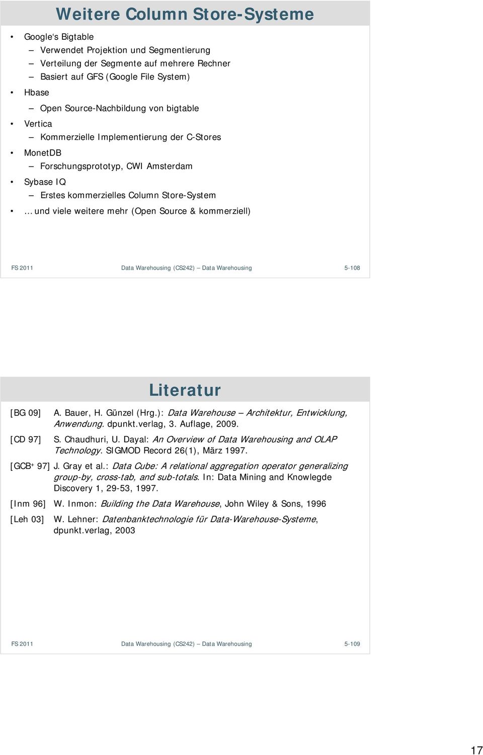 kommerziell) 5-08 Literatur [BG 09] A. Bauer, H. Günzel (Hrg.): Data Warehouse Architektur, Entwicklung, Anwendung. dpunkt.verlag, 3. Auflage, 2009. [CD 97] S. Chaudhuri, U.