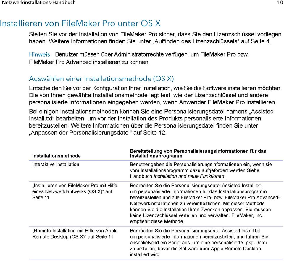 FileMaker Pro Advanced installieren zu können. Auswählen einer Installationsmethode (OS X) Entscheiden Sie vor der Konfiguration Ihrer Installation, wie Sie die Software installieren möchten.