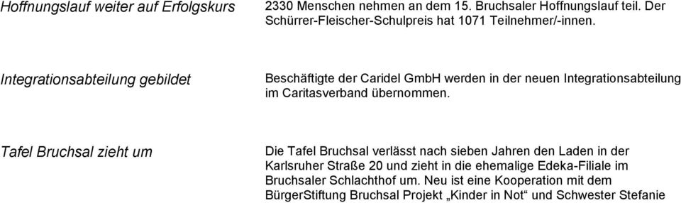 Integrationsabteilung gebildet Beschäftigte der Caridel GmbH werden in der neuen Integrationsabteilung im Caritasverband übernommen.