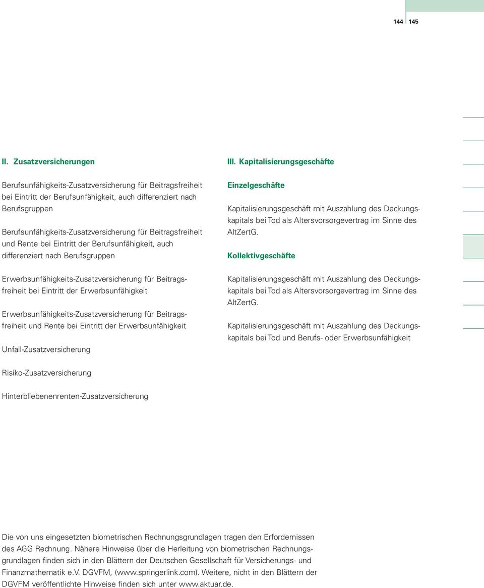 für Beitragsfreiheit und Rente bei Eintritt der Berufsunfähigkeit, auch differenziert nach Berufsgruppen Einzelgeschäfte Kapitalisierungsgeschäft mit Auszahlung des Deckungskapitals bei Tod als