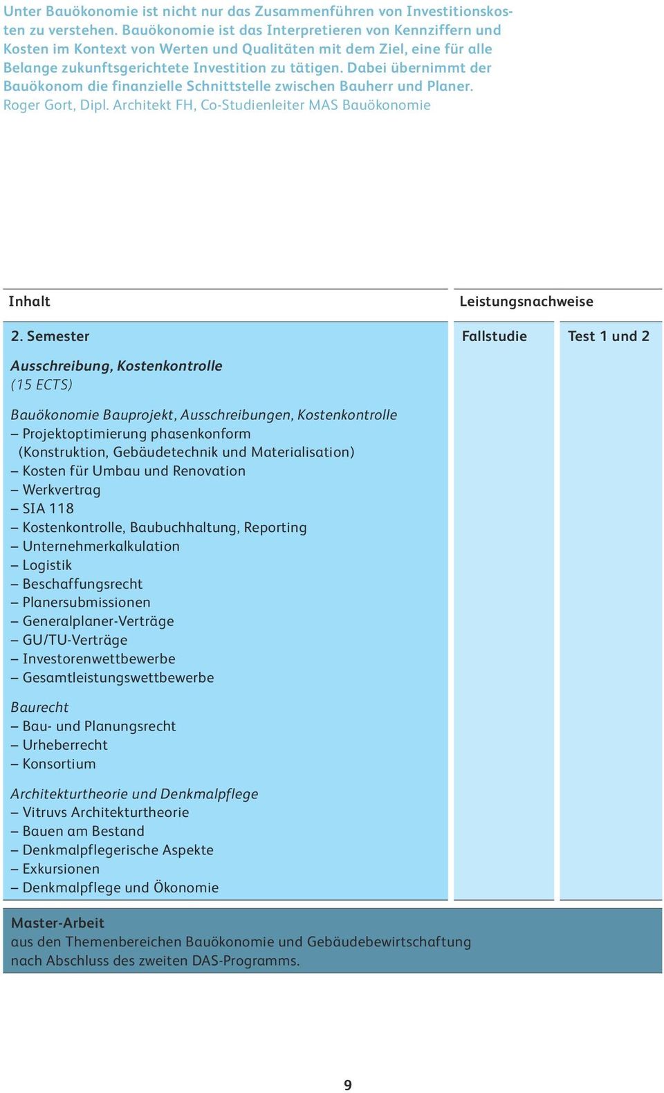 Dabei übernimmt der Bauökonom die finanzielle Schnittstelle zwischen Bauherr und Planer. Roger Gort, Dipl. Architekt FH, Co-Studienleiter MAS Bauökonomie Inhalt 2.