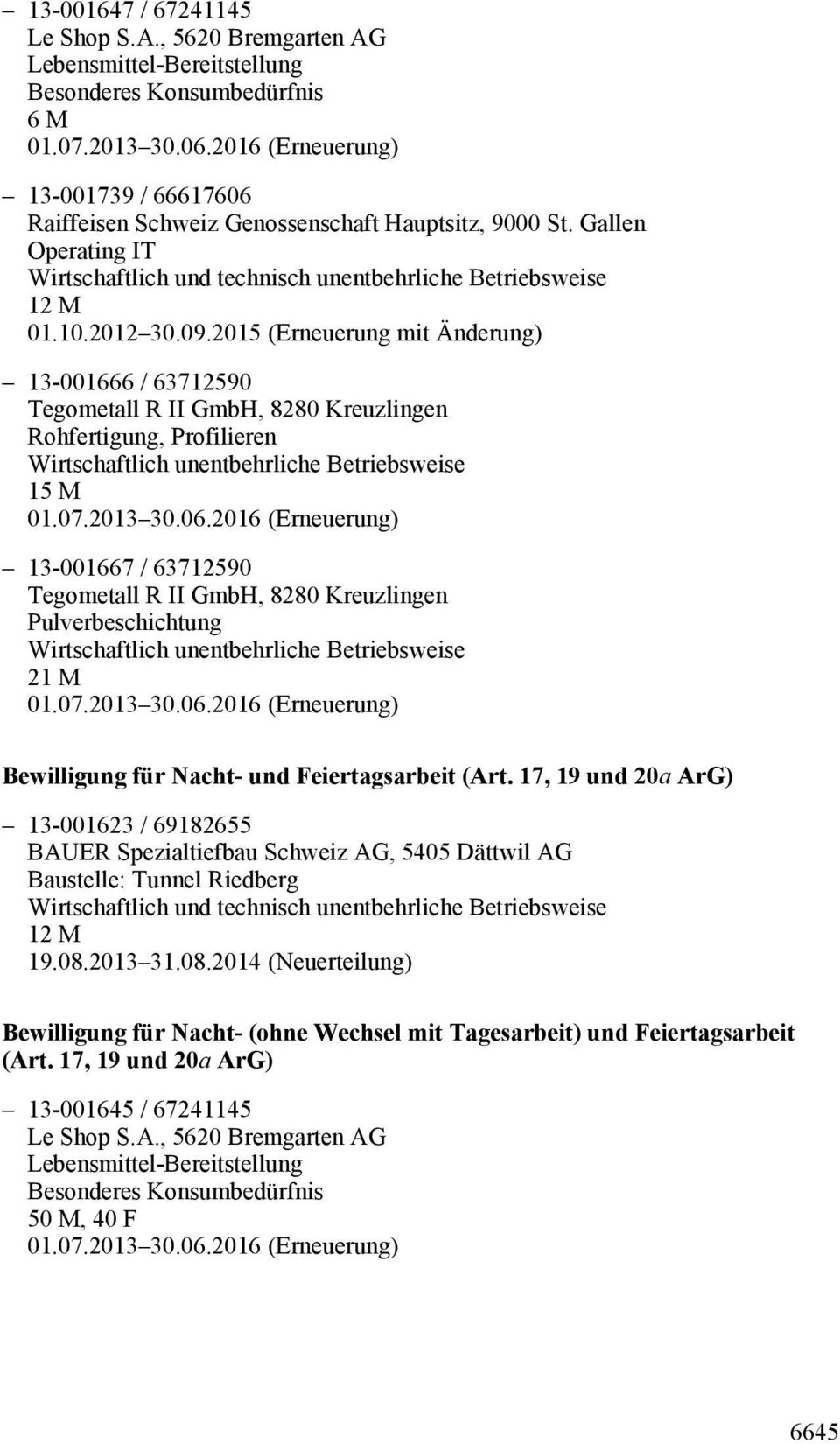 Pulverbeschichtung 21 M Bewilligung für Nacht- und Feiertagsarbeit (Art. 17, 19 und 20a ArG) 13-001623 / 69182655 BAUER Spezialtiefbau Schweiz AG, 5405 Dättwil AG Baustelle: Tunnel Riedberg 19.08.