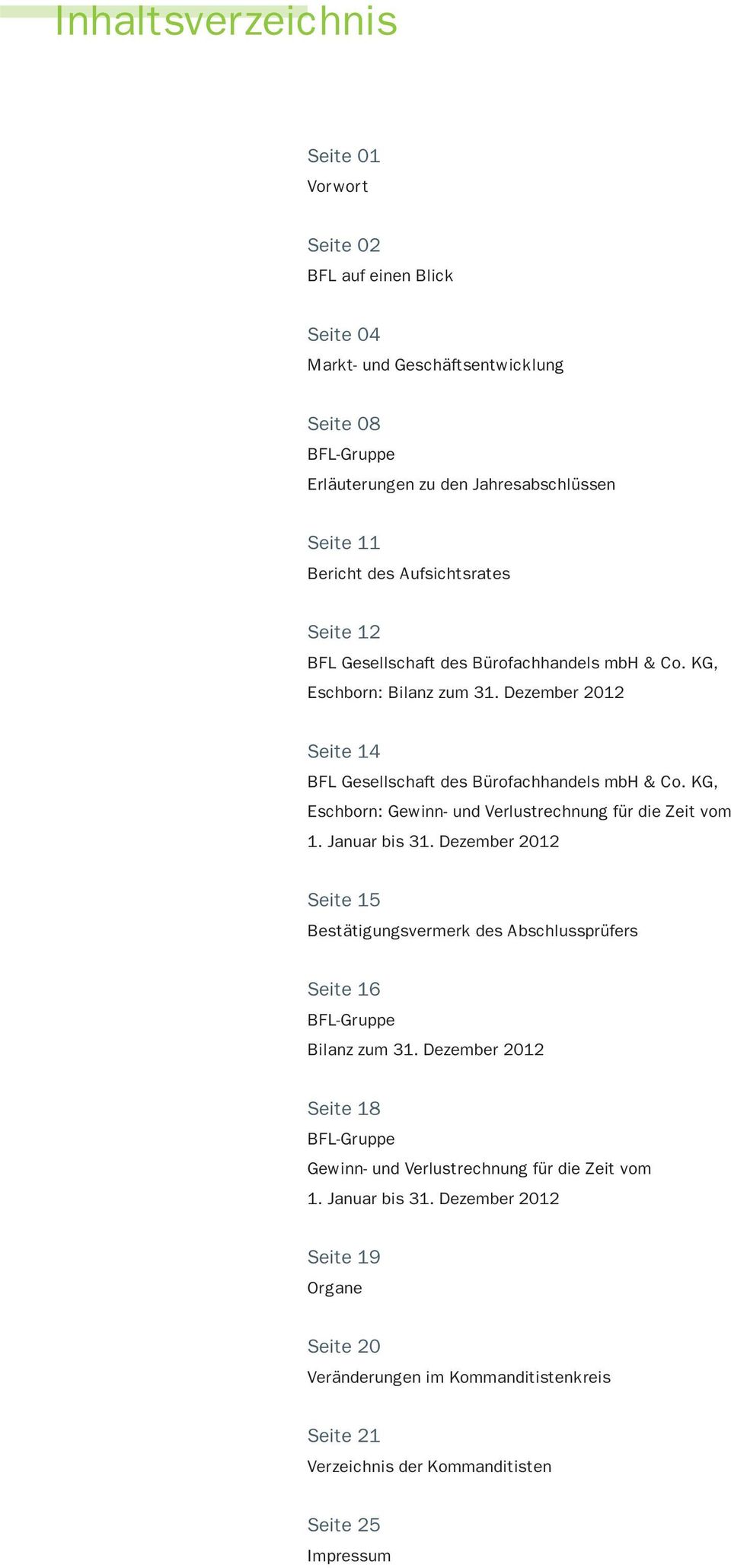 KG, Eschborn: Gewinn- und Verlustrechnung für die Zeit vom 1. Januar bis 31. Dezember 2012 Seite 15 Bestätigungsvermerk des Abschlussprüfers Seite 16 BFL-Gruppe Bilanz zum 31.