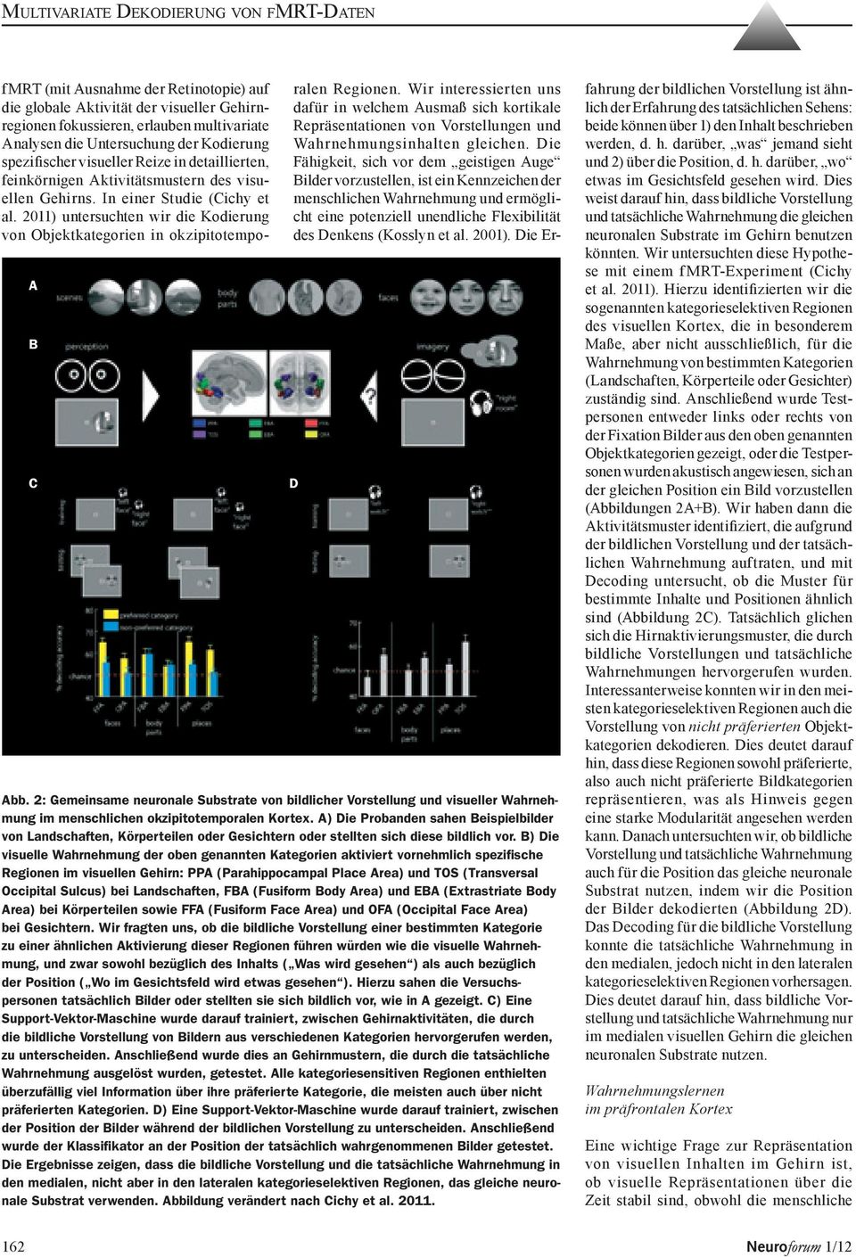 B) Die visuelle Wahrnehmung der oben genannten Kategorien aktiviert vornehmlich spezifische Regionen im visuellen Gehirn: PPA (Parahippocampal Place Area) und TOS (Transversal Occipital Sulcus) bei