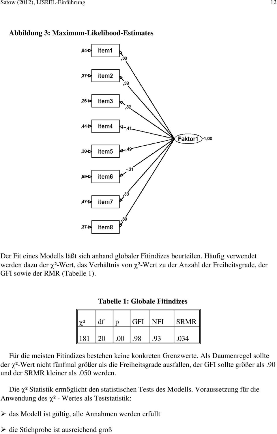 98.93.034 Für die meisten Fitindizes bestehen keine konkreten Grenzwerte. Als Daumenregel sollte der ²-Wert nicht fünfmal größer als die Freiheitsgrade ausfallen, der GFI sollte größer als.