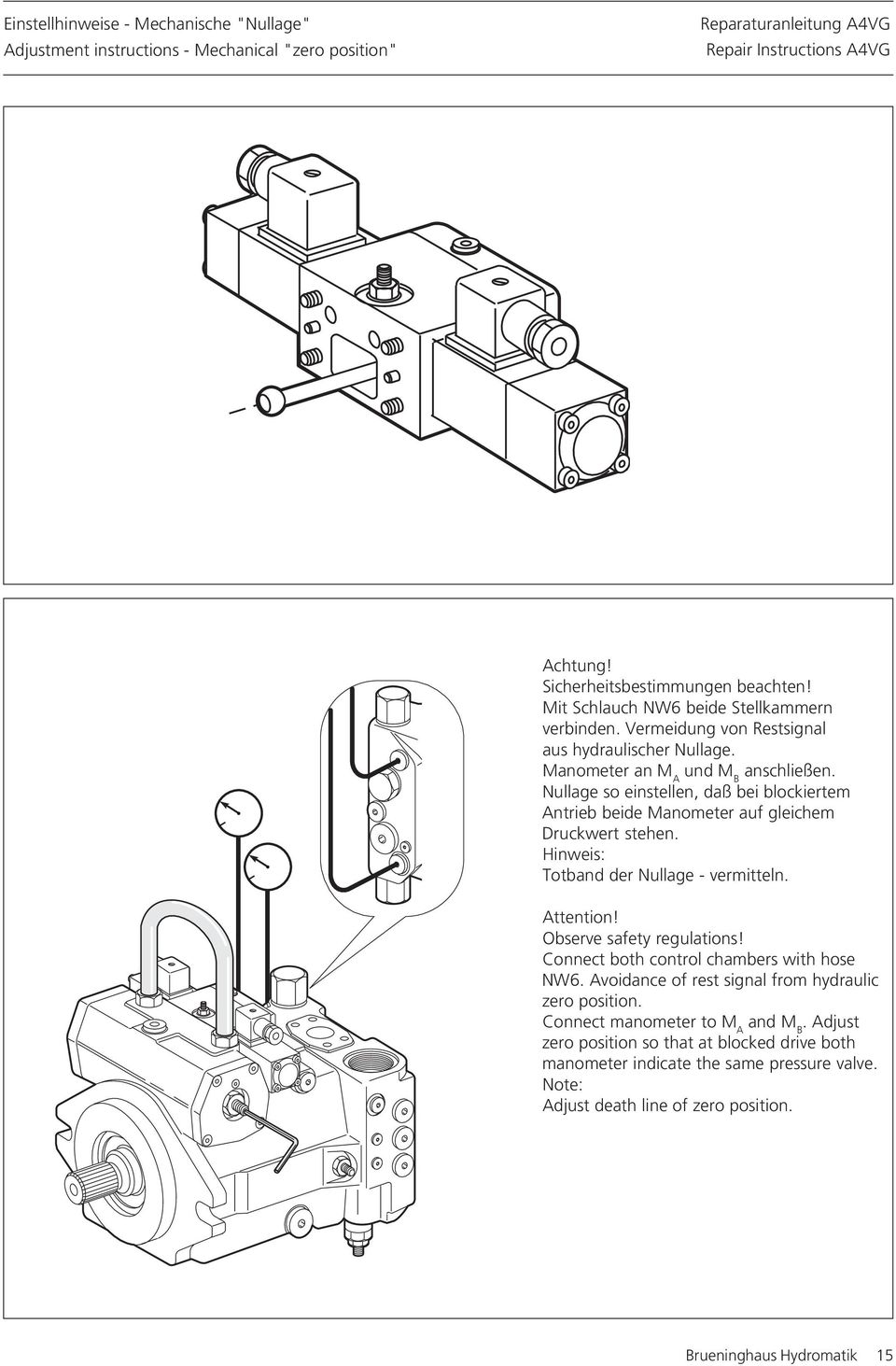 Hinweis: Totband der Nullage - vermitteln. Attention! Observe safety regulations! Connect both control chambers with hose NW6. Avoidance of rest signal from hydraulic zero position.