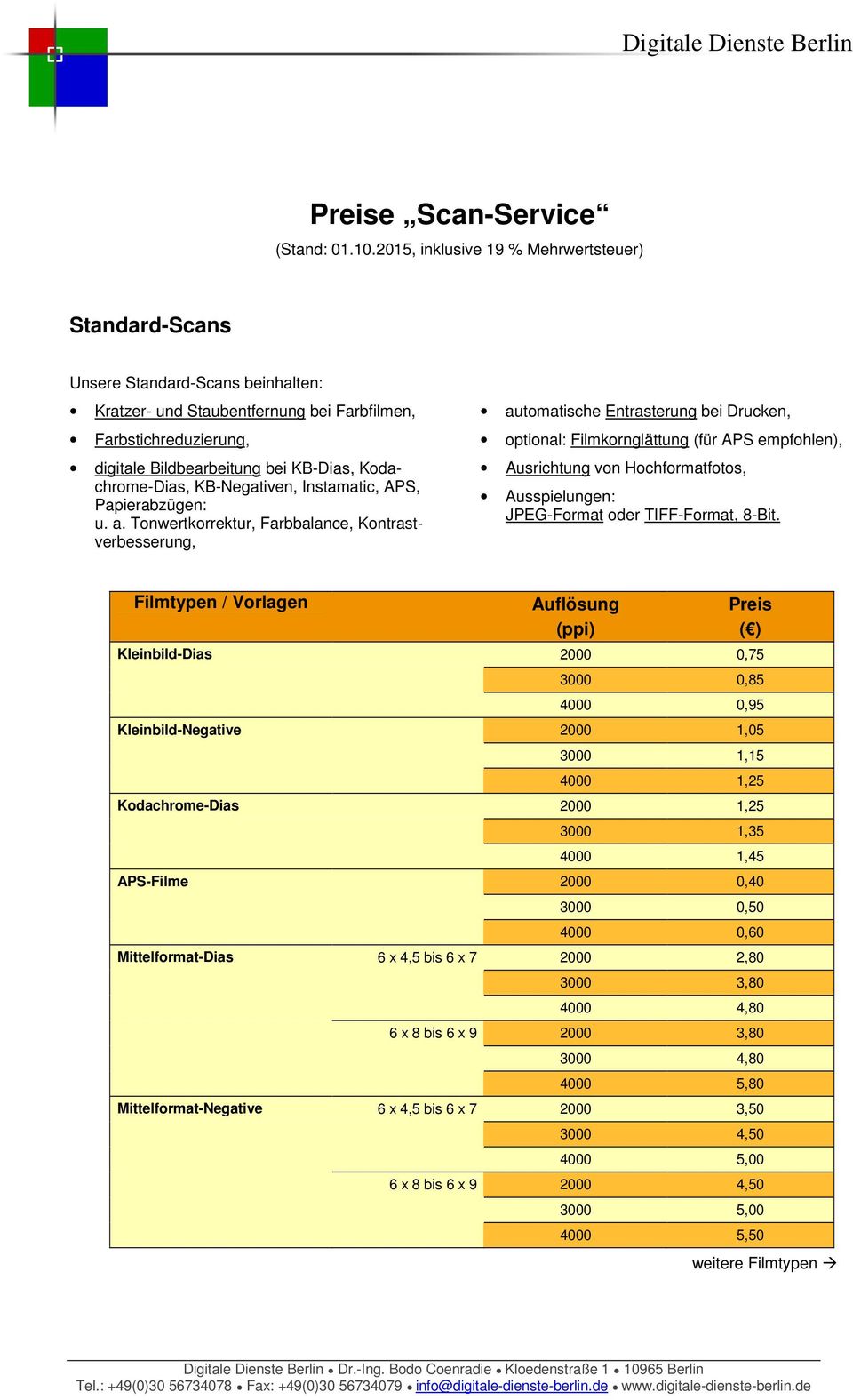 Tonwertkorrektur, Farbbalance, Kontrastverbesserung, automatische Entrasterung bei Drucken, optional: Filmkornglättung (für APS empfohlen), Ausrichtung von Hochformatfotos, Ausspielungen: JPEG-Format