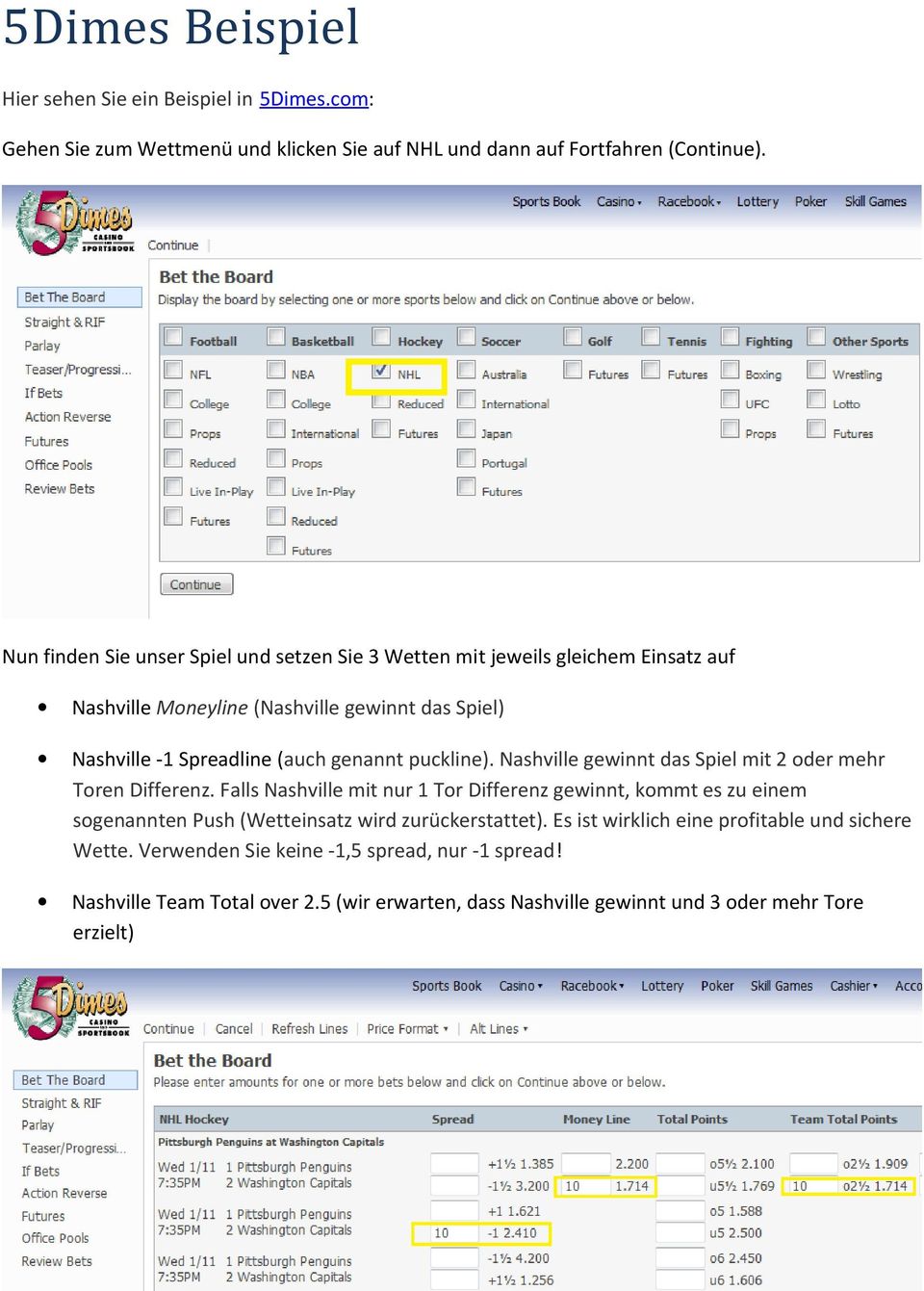 puckline). Nashville gewinnt das Spiel mit 2 oder mehr Toren Differenz.