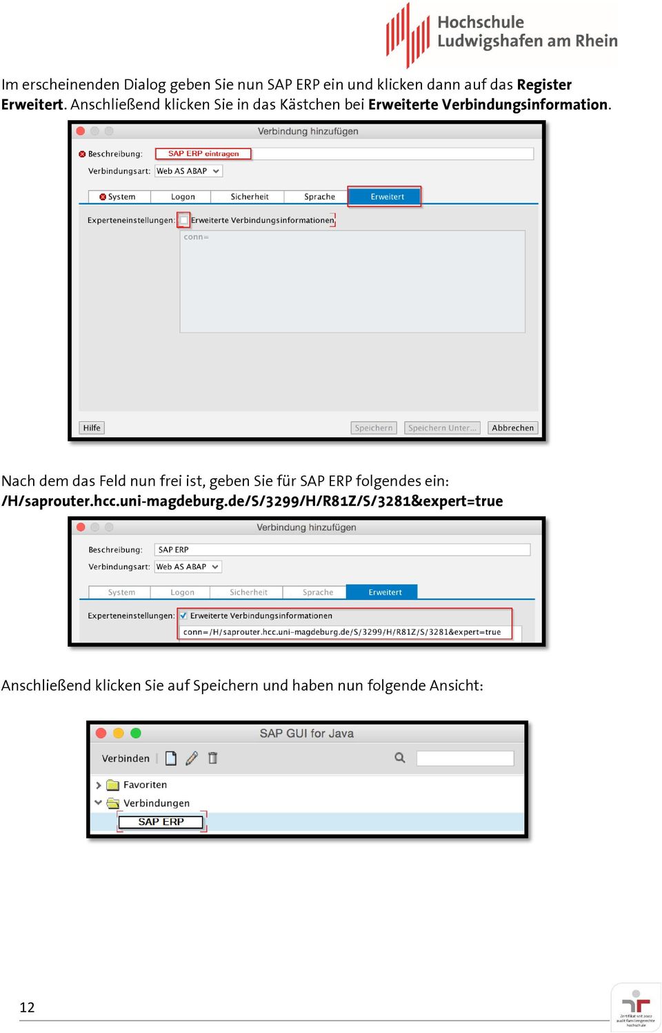 Nach dem das Feld nun frei ist, geben Sie für SAP ERP folgendes ein: /H/saprouter.hcc.