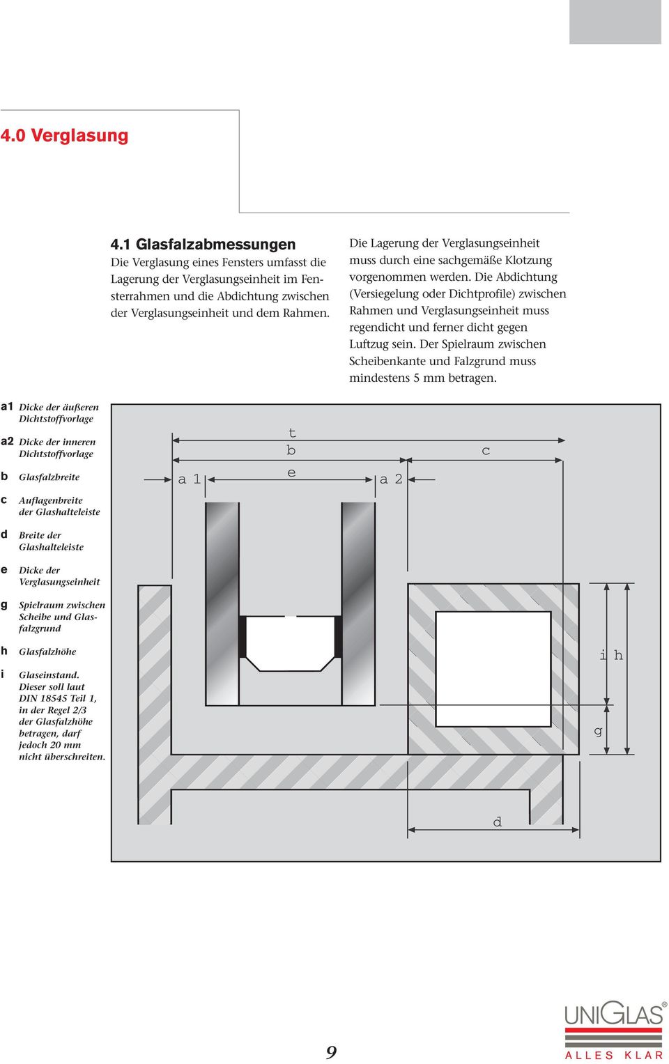 Die Abdichtung (Versiegelung oder Dichtprofile) zwischen Rahmen und Verglasungseinheit muss regendicht und ferner dicht gegen Luftzug sein.