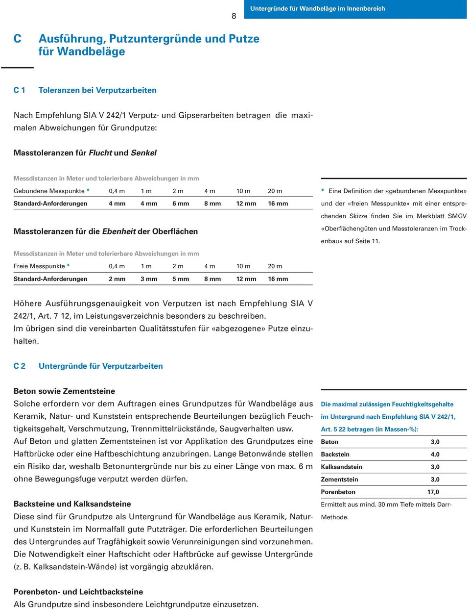 mm * Eine Definition der «gebundenen Messpunkte» und der «freien Messpunkte» mit einer entsprechenden Skizze finden Sie im Merkblatt SMGV Masstoleranzen für die Ebenheit der Oberflächen