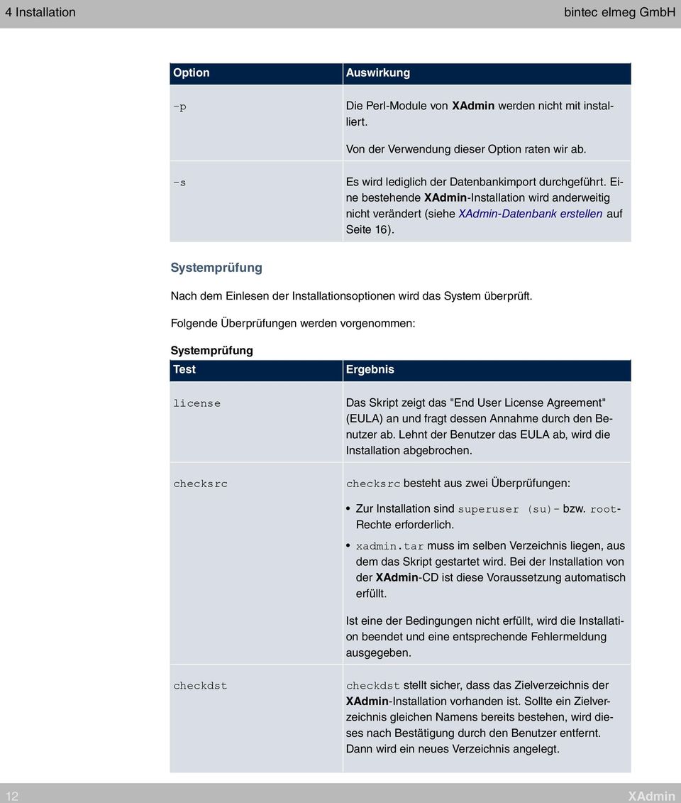 Folgende Überprüfungen werden vorgenommen: Systemprüfung Test & Ergebnis Das Skript zeigt das "End User License Agreement" (EULA) an und fragt dessen Annahme durch den Benutzer ab.