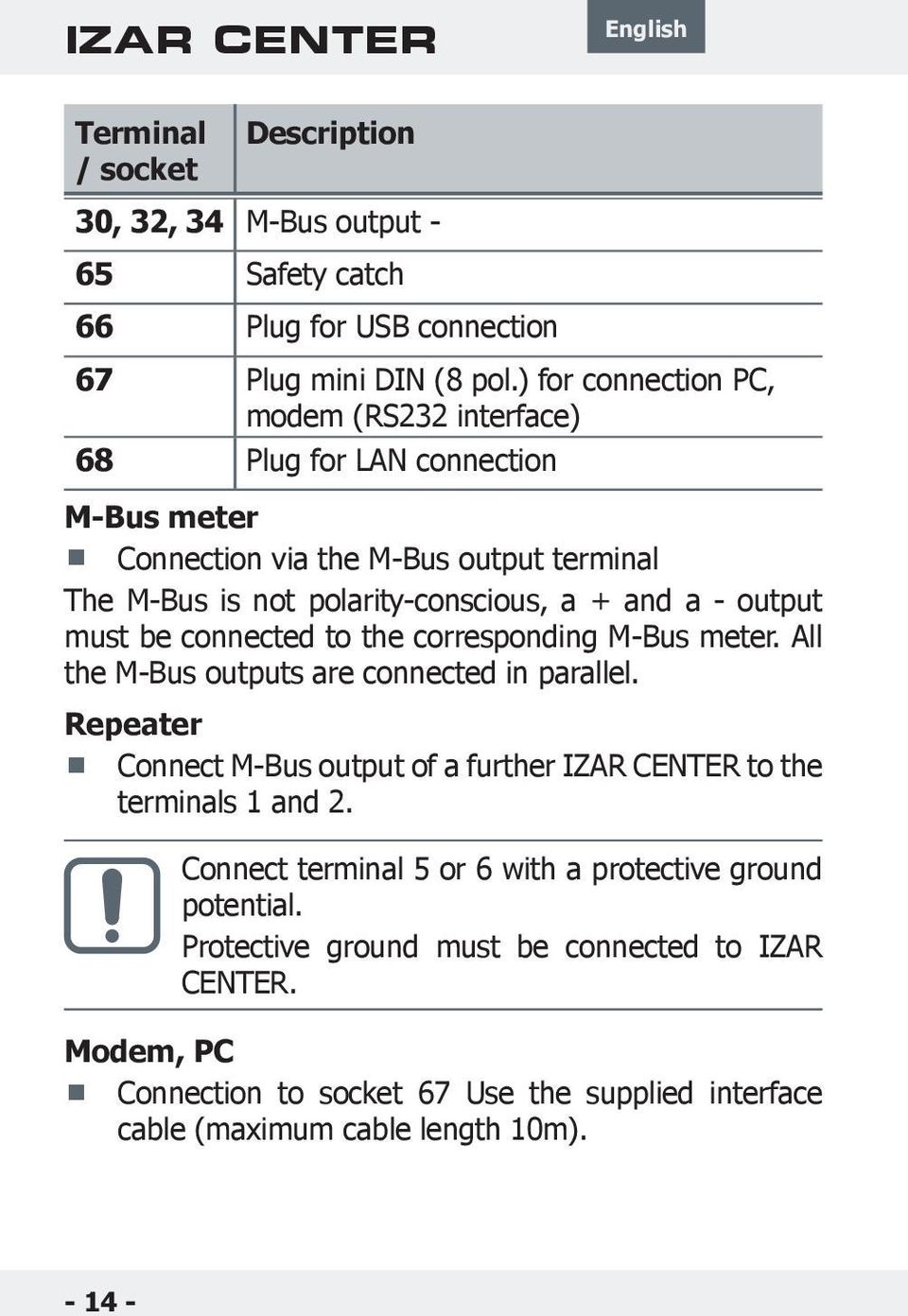 output must be connected to the corresponding M-Bus meter. All the M-Bus outputs are connected in parallel. Repeater Connect M-Bus output of a further to the terminals 1 and 2.