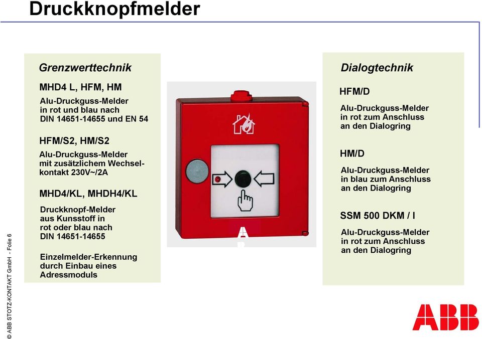 MHDH4/KL HM/D Alu-Druckguss-Melder in blau zum Anschluss an den Dialogring ABB STOTZ-KONTAKT GmbH - Folie 6 Druckknopf-Melder aus Kunsstoff in rot