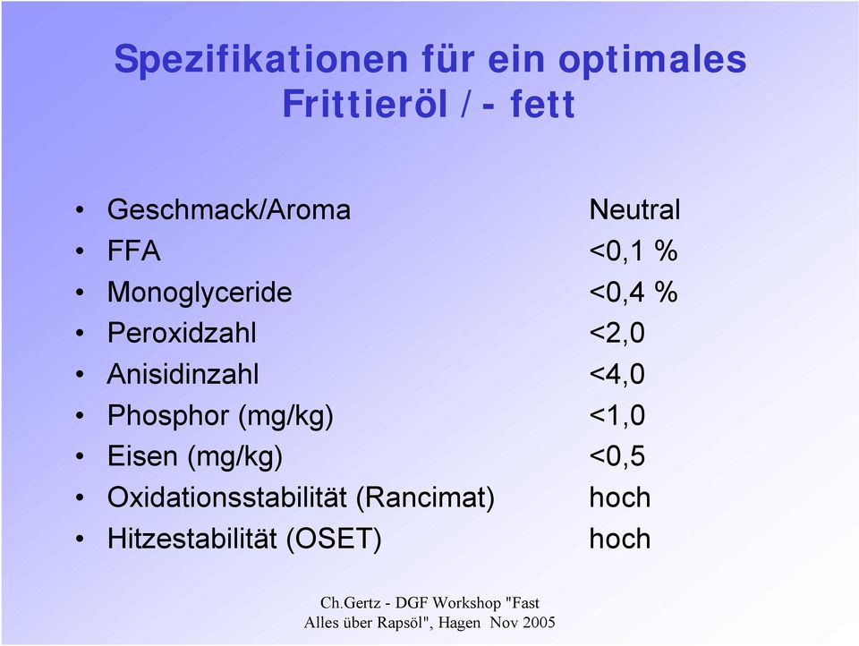 Peroxidzahl <2,0 Anisidinzahl <4,0 Phosphor (mg/kg) <1,0 Eisen