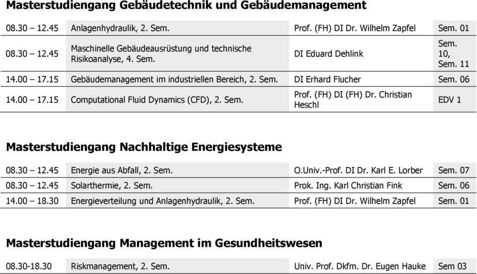 (FH) DI (FH) Dr. Christian Heschl EDV 1 Masterstudiengang Nachhaltige Energiesysteme 08.30 12.45 Energie aus Abfall, 2. Sem. O.Univ.-Prof. DI Dr. Karl E. Lorber Sem. 07 08.30 12.45 Solarthermie, 2.