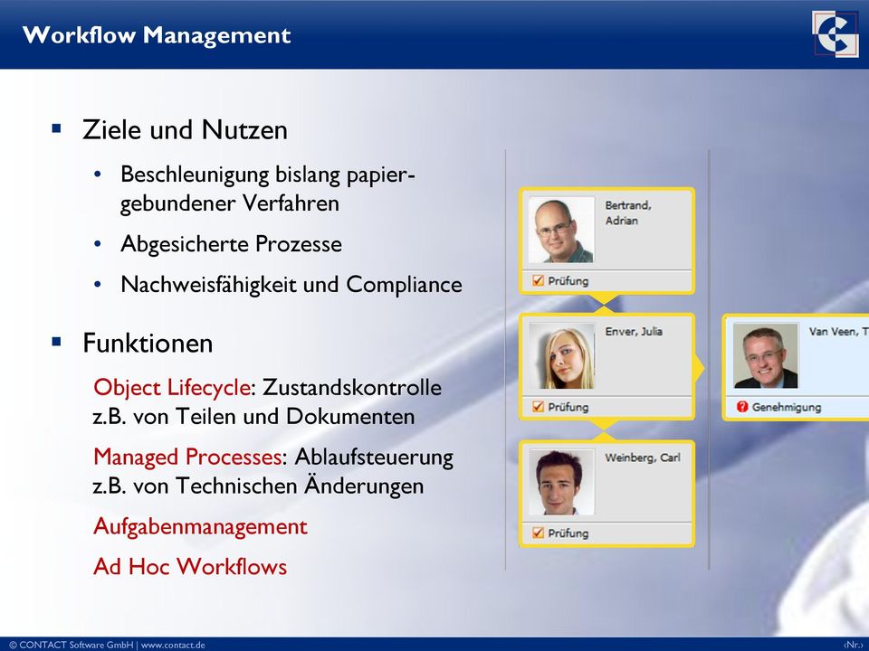 Object Lifecycle: Zustandskontrolle z.b. von Teilen und Dokumenten Managed Processes: Ablaufsteuerung z.