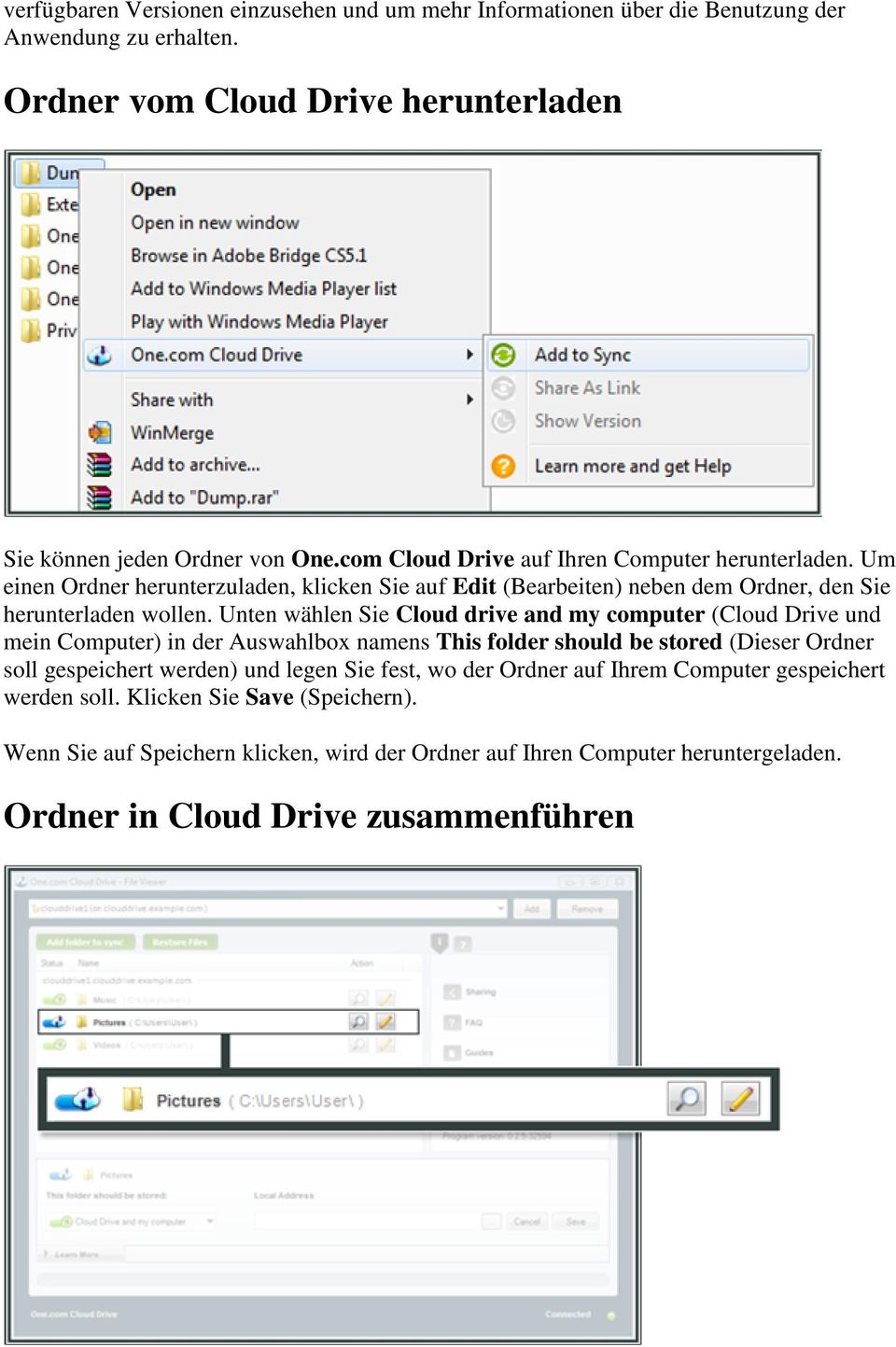 Unten wählen Sie Cloud drive and my computer (Cloud Drive und mein Computer) in der Auswahlbox namens This folder should be stored (Dieser Ordner soll gespeichert werden) und legen Sie