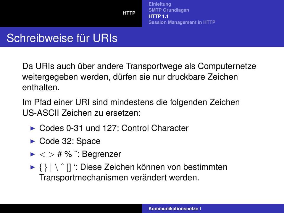 Im Pfad einer URI sind mindestens die folgenden Zeichen US-ASCII Zeichen zu ersetzen: Codes 0-31