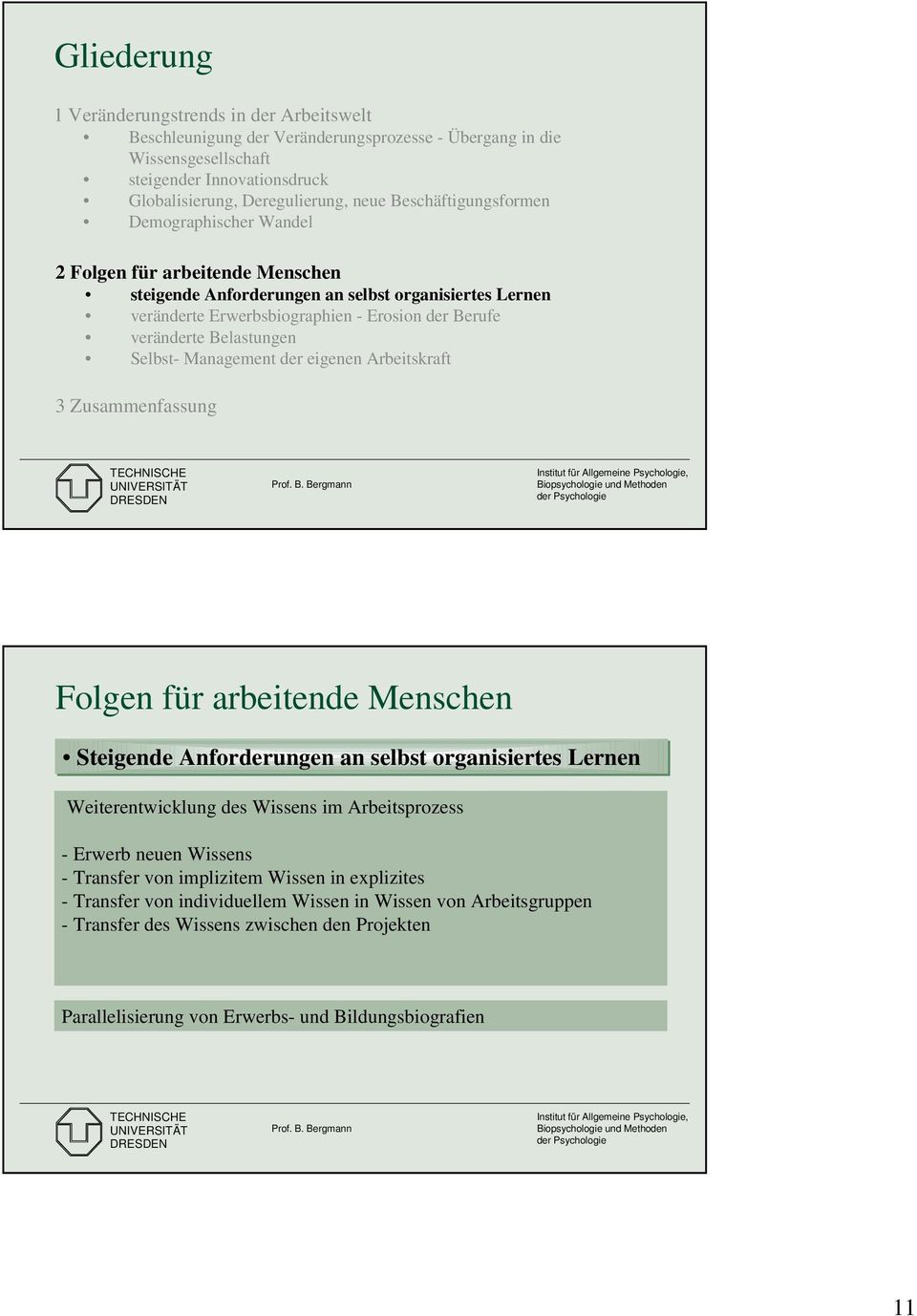 Belastungen Selbst- Management der eigenen Arbeitskraft 3 Zusammenfassung Folgen für arbeitende Menschen Steigende Anforderungen an selbst organisiertes Lernen Weiterentwicklung des Wissens im