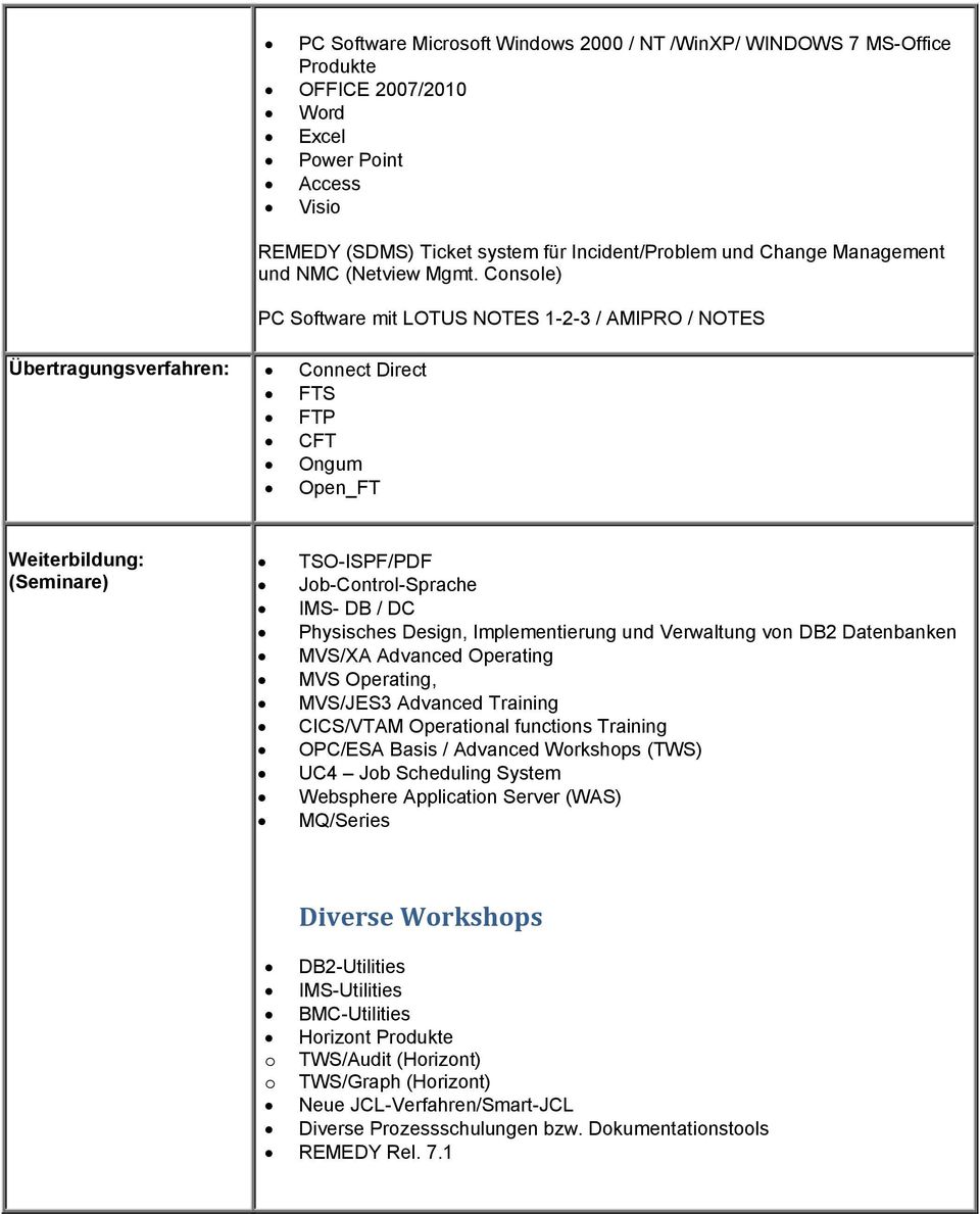 Console) PC Software mit LOTUS NOTES 1-2-3 / AMIPRO / NOTES Weiterbildung: (Seminare) TSO-ISPF/PDF Job-Control-Sprache IMS- DB / DC Physisches Design, Implementierung und Verwaltung von DB2