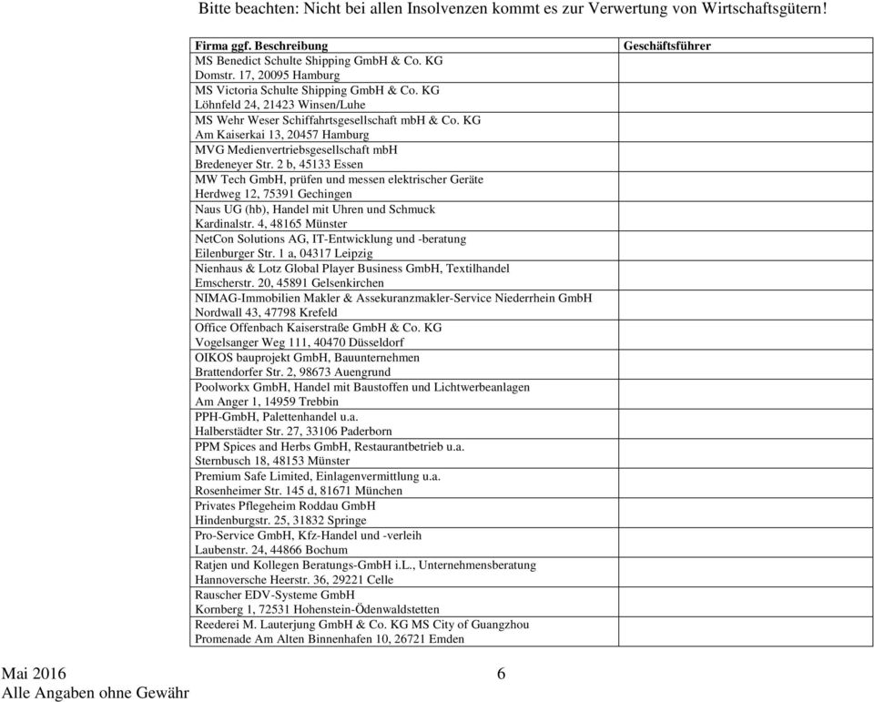 2 b, 45133 Essen MW Tech GmbH, prüfen und messen elektrischer Geräte Herdweg 12, 75391 Gechingen Naus UG (hb), Handel mit Uhren und Schmuck Kardinalstr.