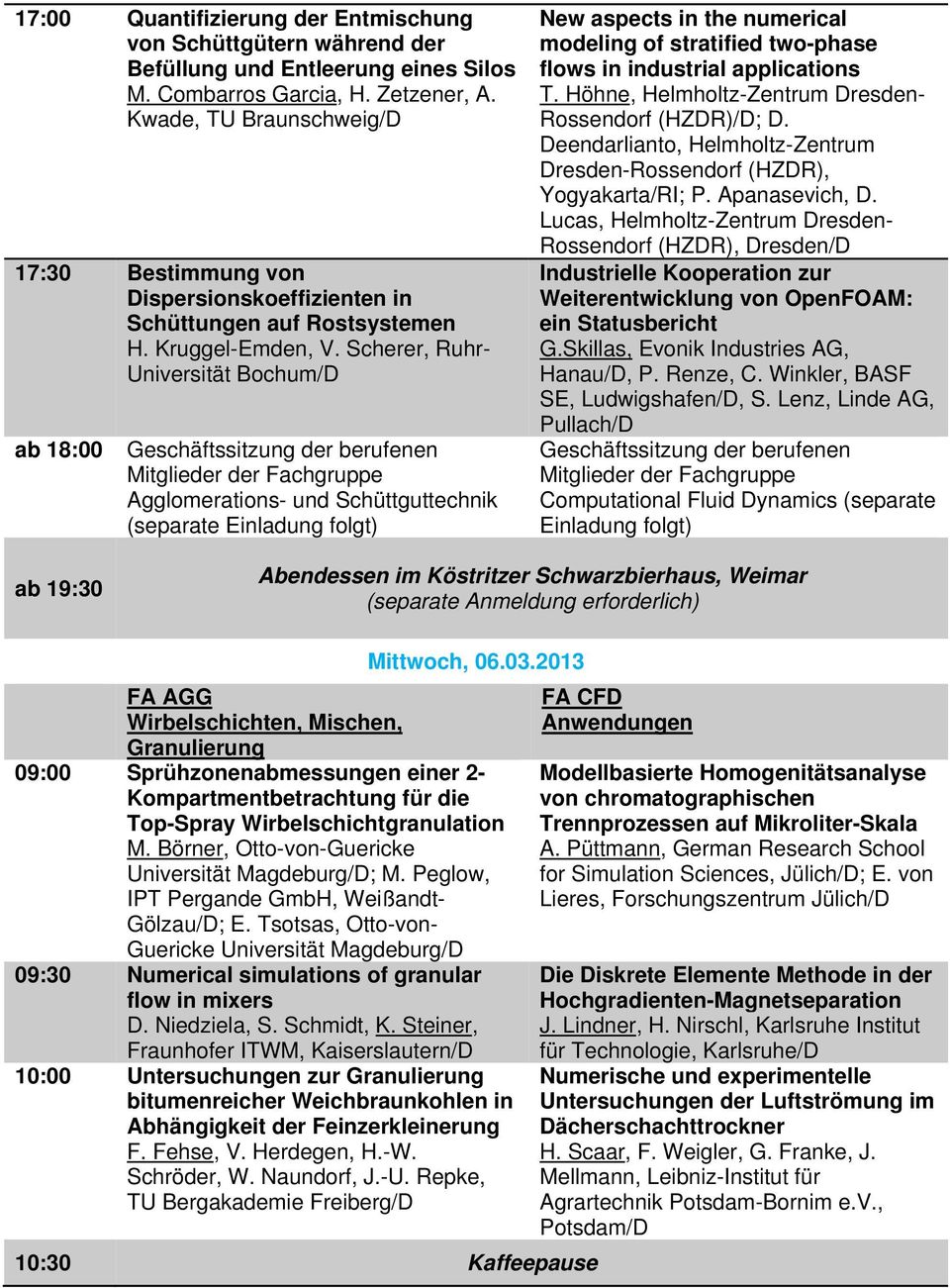 Scherer, Ruhr- Universität Bochum/D ab 18:00 Geschäftssitzung der berufenen Mitglieder der Fachgruppe Agglomerations- und Schüttguttechnik (separate Einladung folgt) New aspects in the numerical