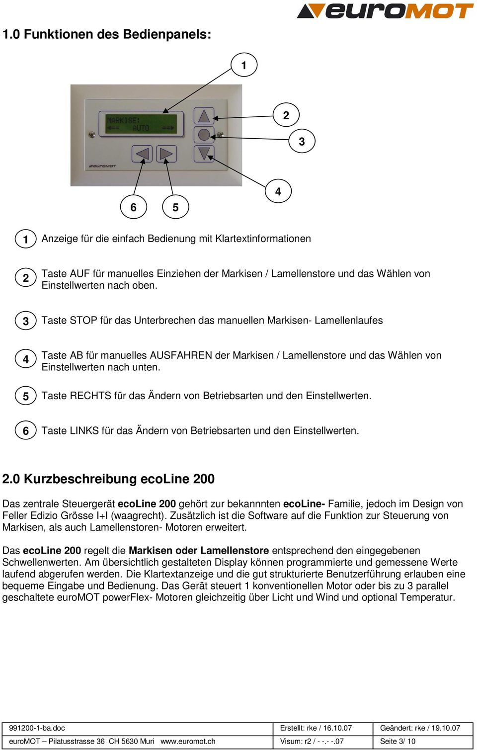 3 Taste STOP für das Unterbrechen das manuellen Markisen- Lamellenlaufes 4 5 Taste AB für manuelles AUSFAHREN der Markisen / Lamellenstore und das Wählen von Einstellwerten nach unten.