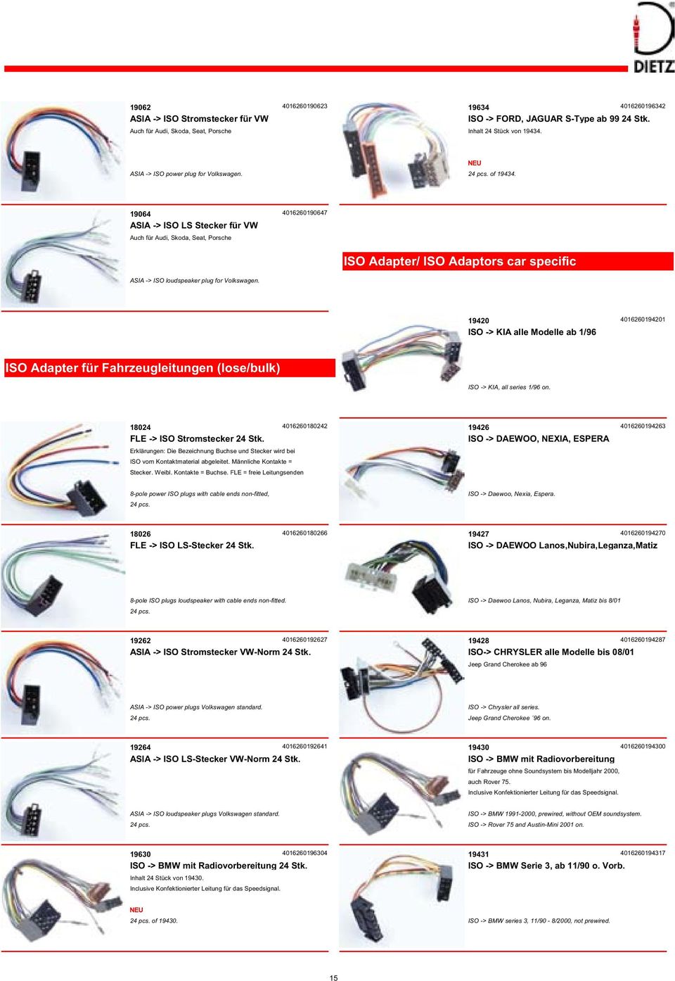 4016260190647 ISO Adapter/ ISO Adaptors car specific 19420 ISO -> KIA alle Modelle ab 1/96 4016260194201 ISO Adapter für Fahrzeugleitungen (lose/bulk) ISO -> KIA, all series 1/96 on.