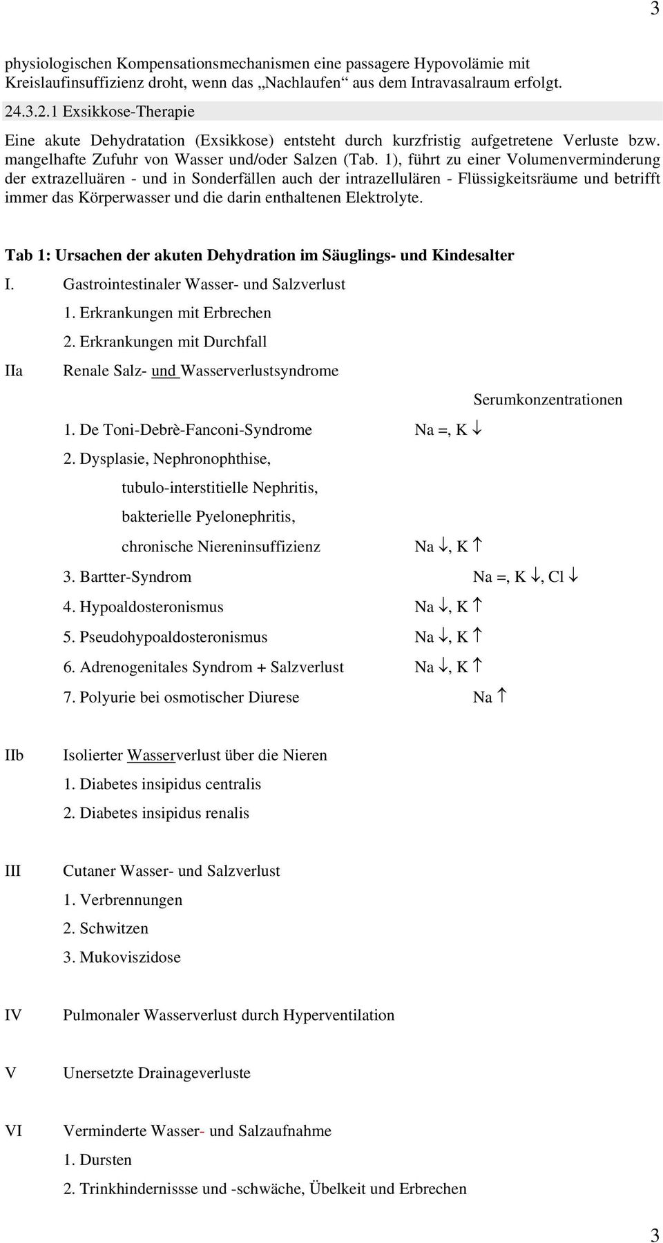 1), führt zu einer Volumenverminderung der extrazelluären - und in Sonderfällen auch der intrazellulären - Flüssigkeitsräume und betrifft immer das Körperwasser und die darin enthaltenen Elektrolyte.