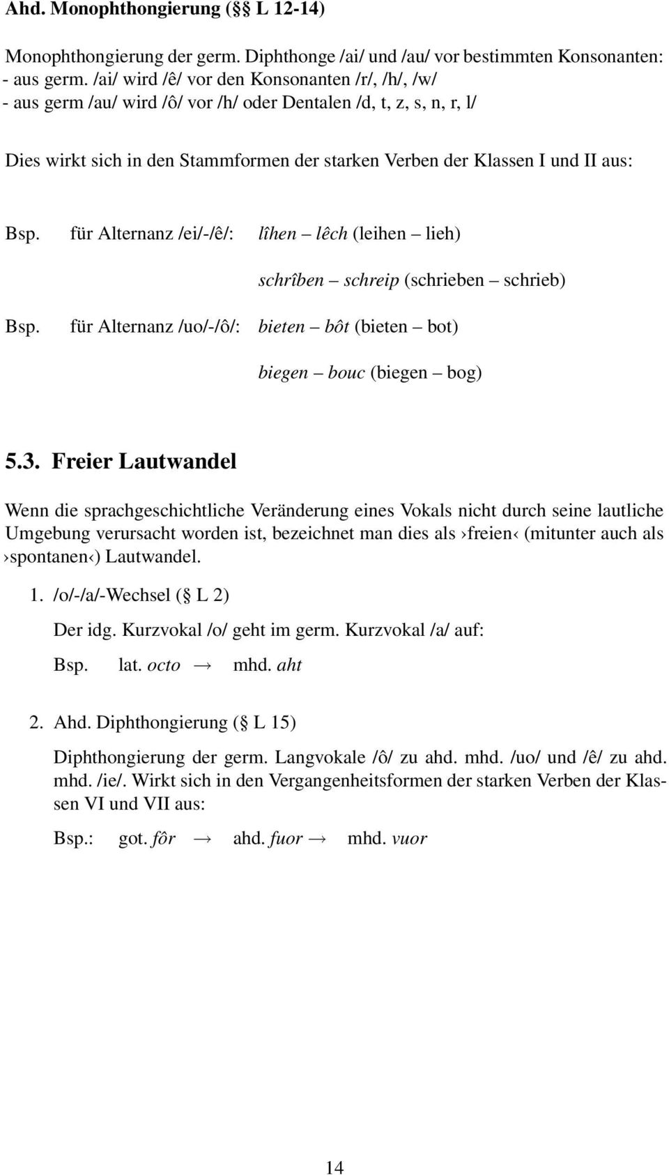 Bsp. für Alternanz /ei/-/ê/: lîhen lêch (leihen lieh) schrîben schreip (schrieben schrieb) Bsp. für Alternanz /uo/-/ô/: bieten bôt (bieten bot) biegen bouc (biegen bog) 5.3.