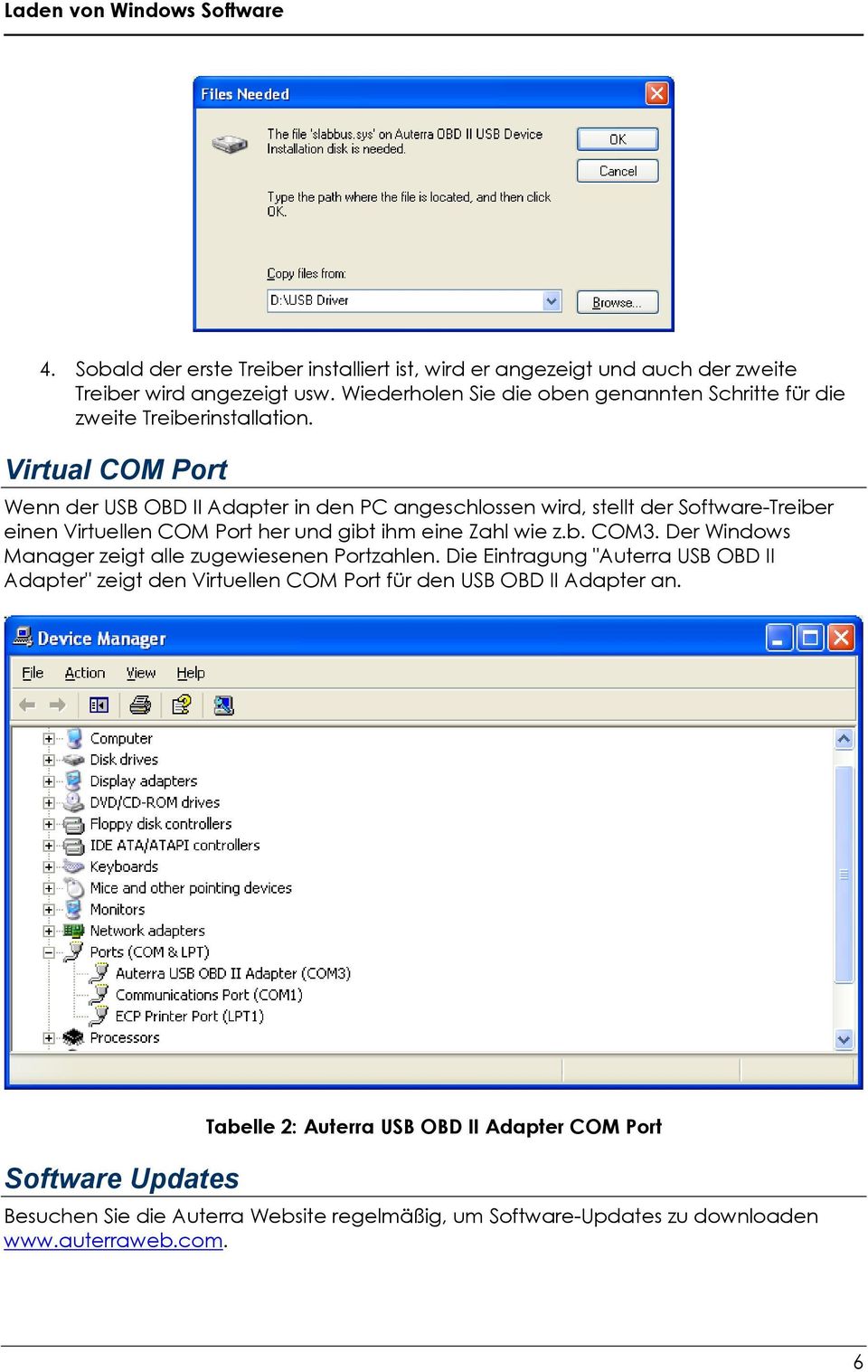 Virtual COM Port Wenn der USB OBD II Adapter in den PC angeschlossen wird, stellt der Software-Treiber einen Virtuellen COM Port her und gibt ihm eine Zahl wie z.b. COM3.