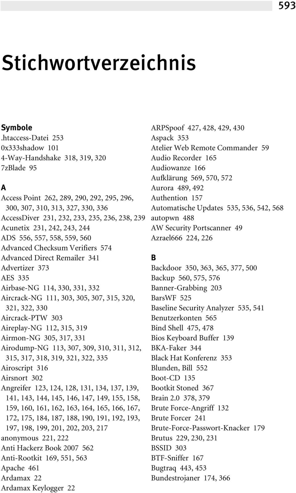 239 Acunetix 231, 242, 243, 244 ADS 556, 557, 558, 559, 560 Advanced Checksum Verifiers 574 Advanced Direct Remailer 341 Advertizer 373 AES 335 Airbase-NG 114, 330, 331, 332 Aircrack-NG 111, 303,