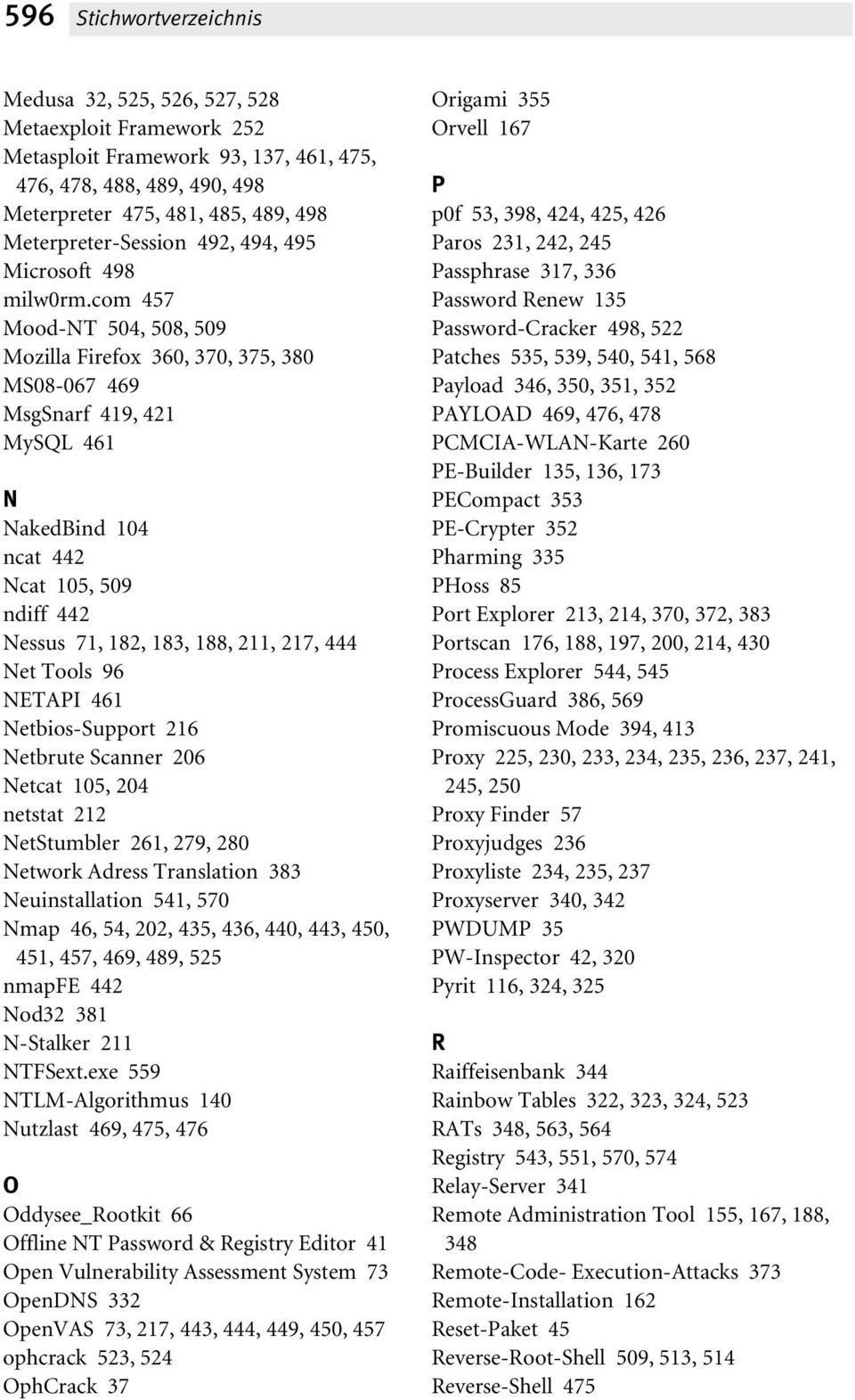 com 457 Mood-NT 504, 508, 509 Mozilla Firefox 360, 370, 375, 380 MS08-067 469 MsgSnarf 419, 421 MySQL 461 N NakedBind 104 ncat 442 Ncat 105, 509 ndiff 442 Nessus 71, 182, 183, 188, 211, 217, 444 Net