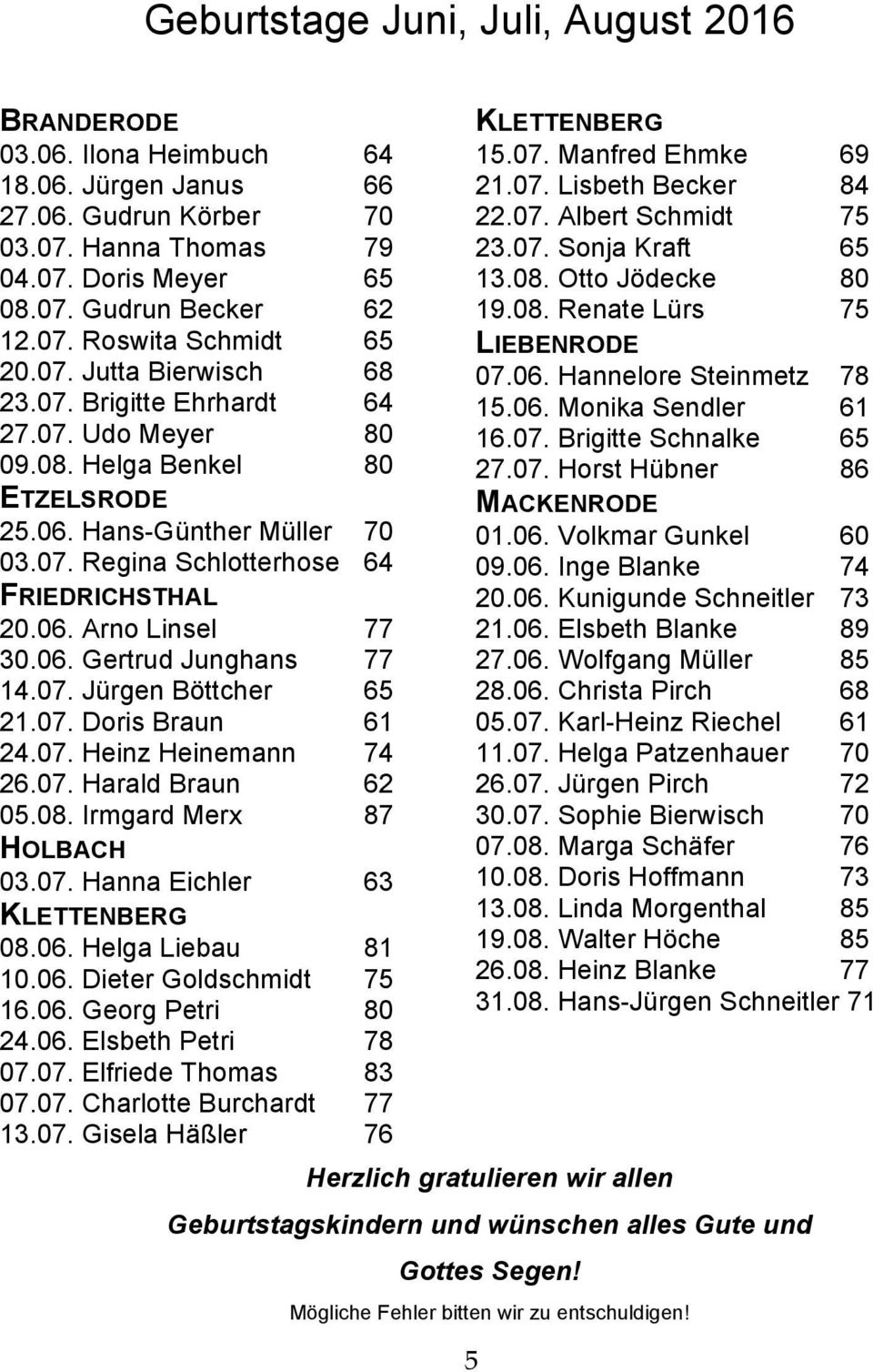 06. Gertrud Junghans 77 14.07. Jürgen Böttcher 65 21.07. Doris Braun 61 24.07. Heinz Heinemann 74 26.07. Harald Braun 62 05.08. Irmgard Merx 87 HOLBACH 03.07. Hanna Eichler 63 KLETTENBERG 08.06. Helga Liebau 81 10.