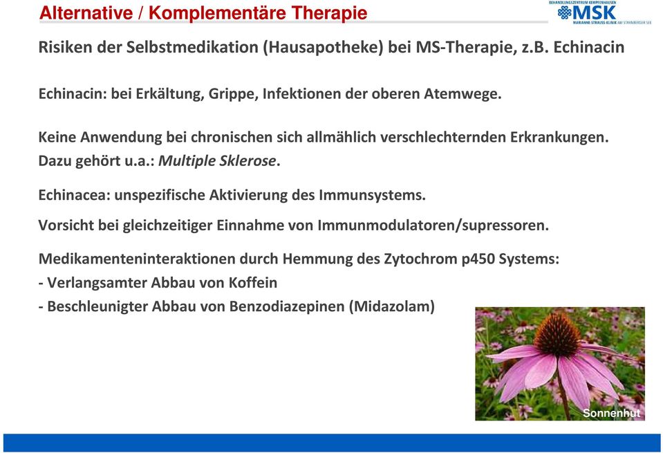 Echinacea: unspezifische Aktivierung des Immunsystems. Vorsicht bei gleichzeitiger Einnahme von Immunmodulatoren/supressoren.