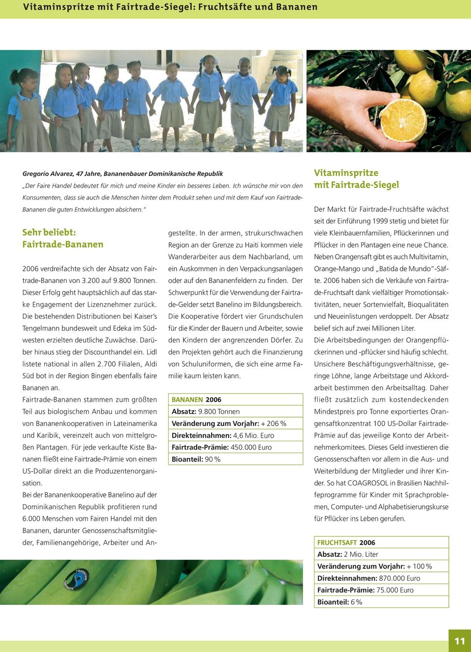 Sehr beliebt: Fairtrade-Bananen 2006 verdreifachte sich der Absatz von Fairtrade-Bananen von 3.200 auf 9.800 Tonnen. Dieser Erfolg geht hauptsächlich auf das starke Engagement der Lizenznehmer zurück.