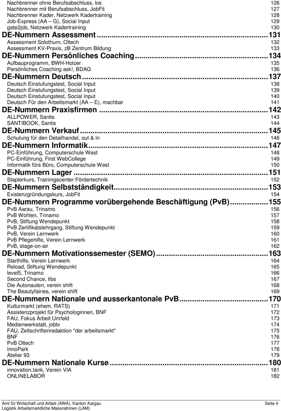 .. 134 Aufbauprogramm, BWH-Holzer 135 Persönliches Coaching ask!, BDAG 136 DE-Nummern Deutsch.